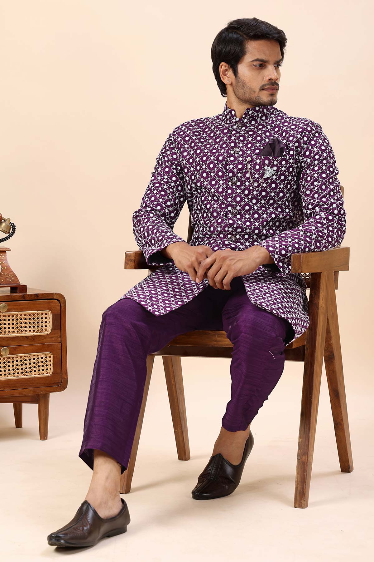 Wine Cotton Silk Sherwani Set