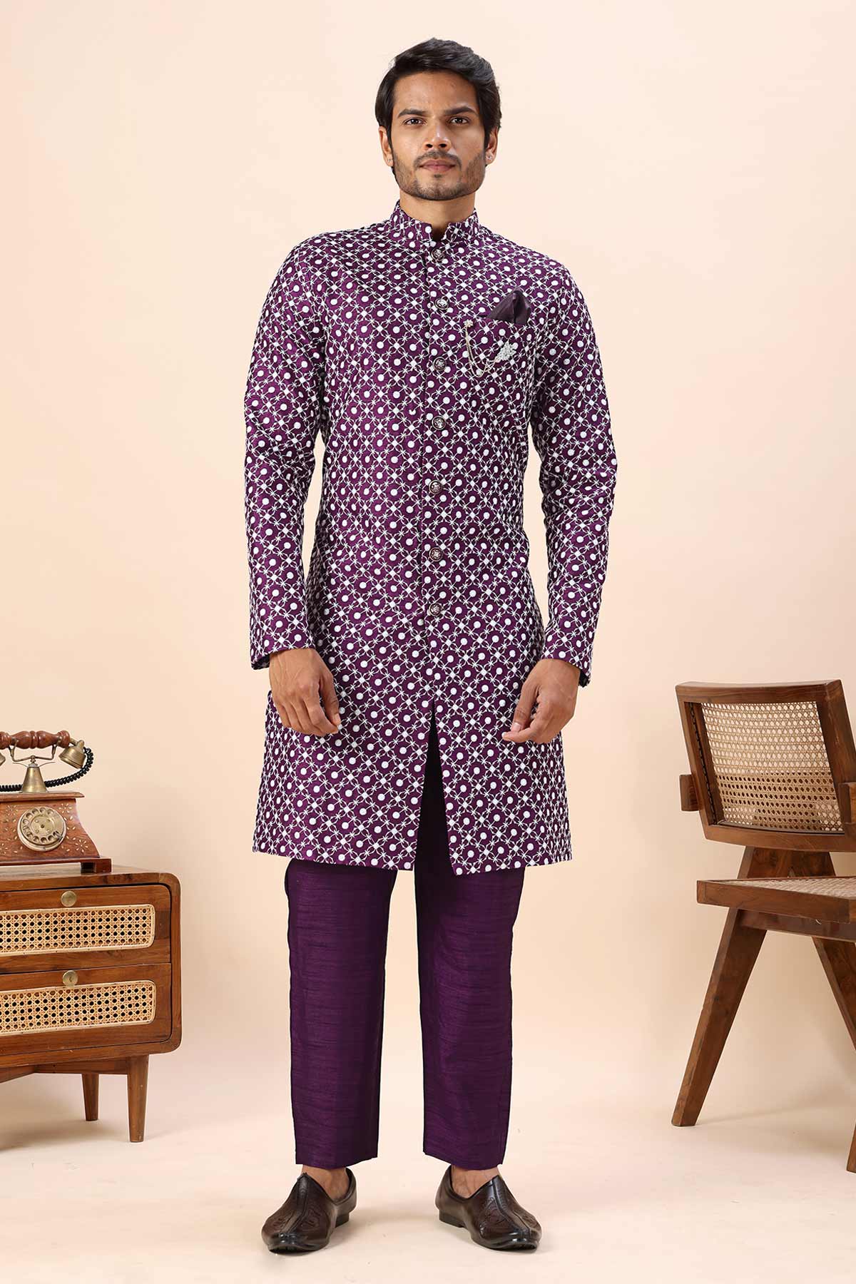 Buy Wine Cotton Silk Sherwani Set for men by Aastha Fashion online available at scrollnshops