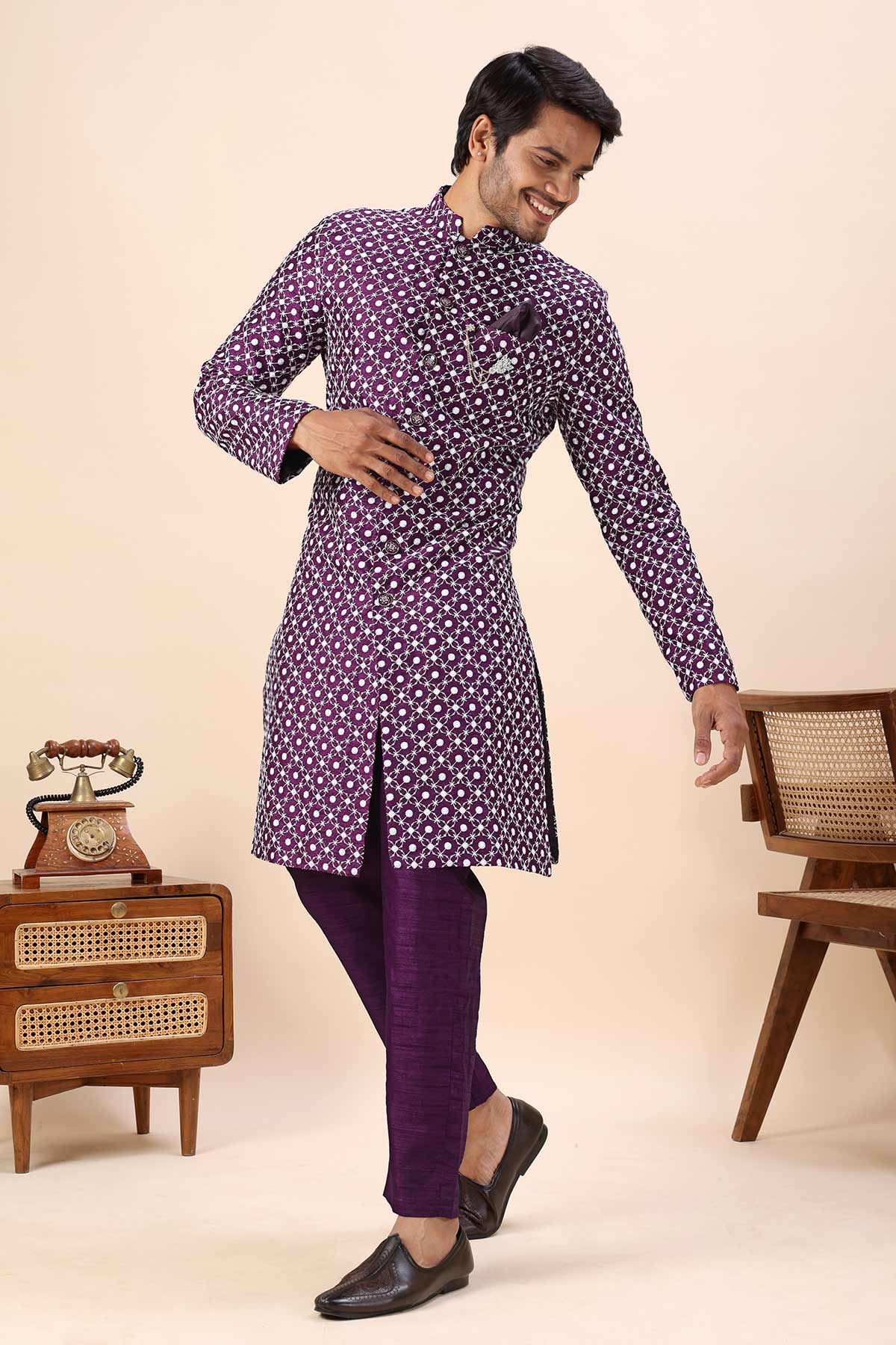 Wine Cotton Silk Sherwani Set