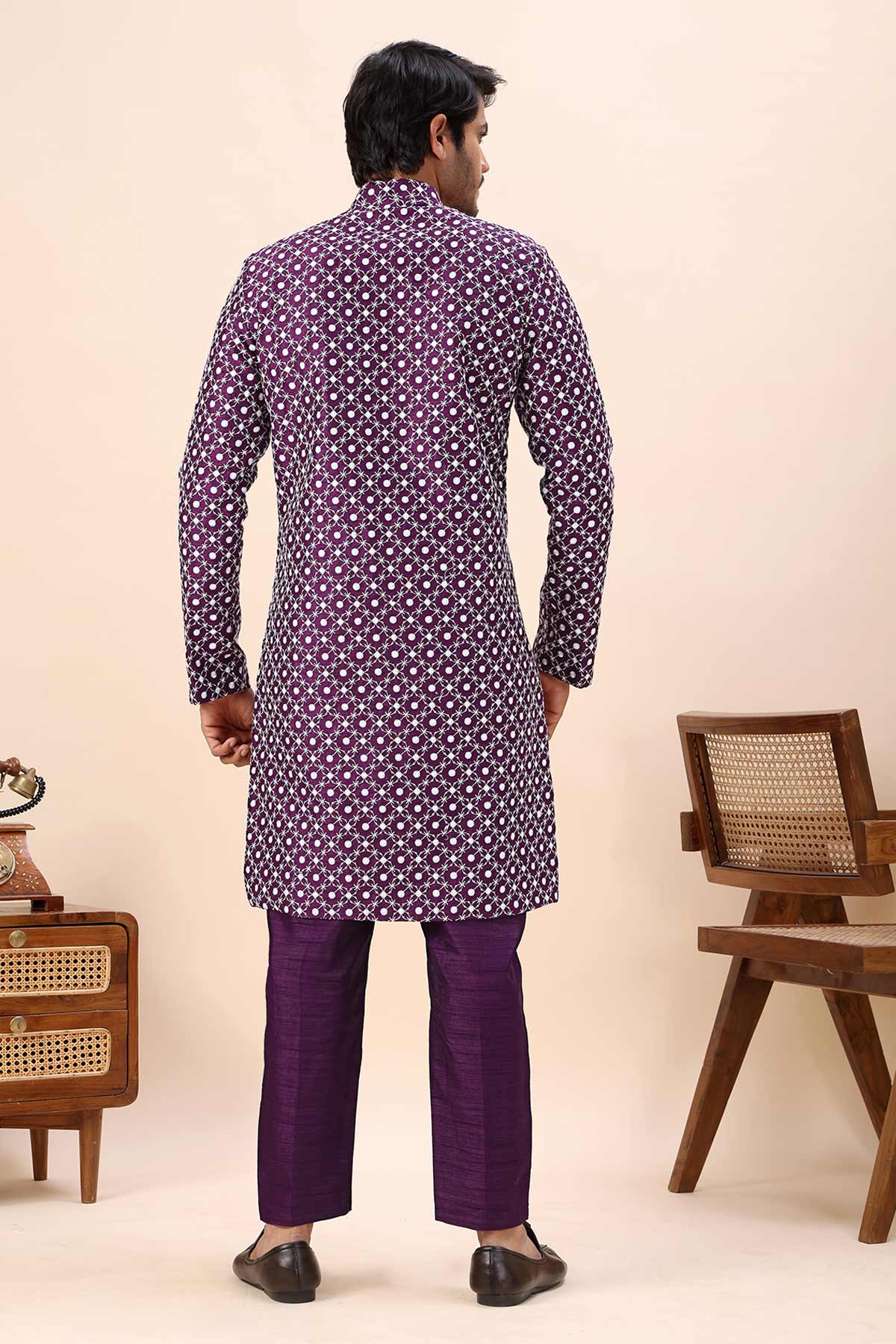 Wine Cotton Silk Sherwani Set