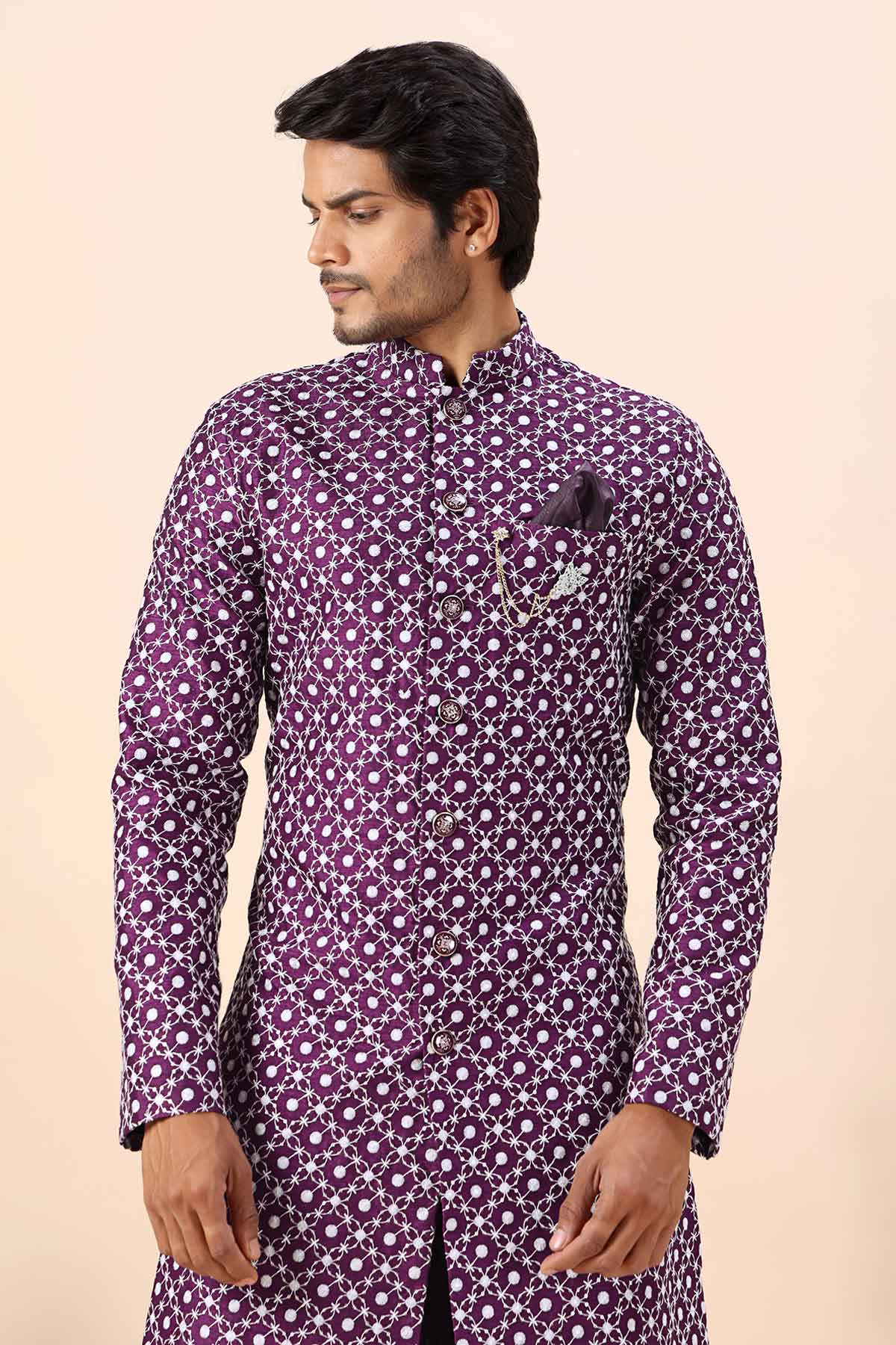 Wine Cotton Silk Sherwani Set