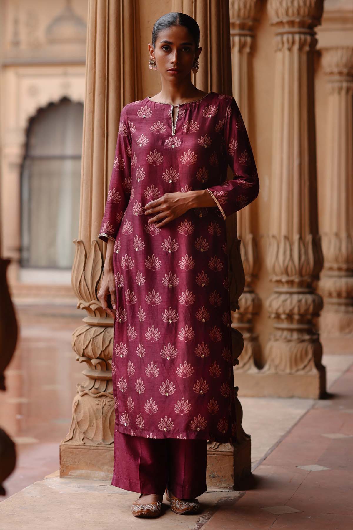 Megha Pitti Wine Dupion Silk Print Kurta Set for women online at ScrollnShops