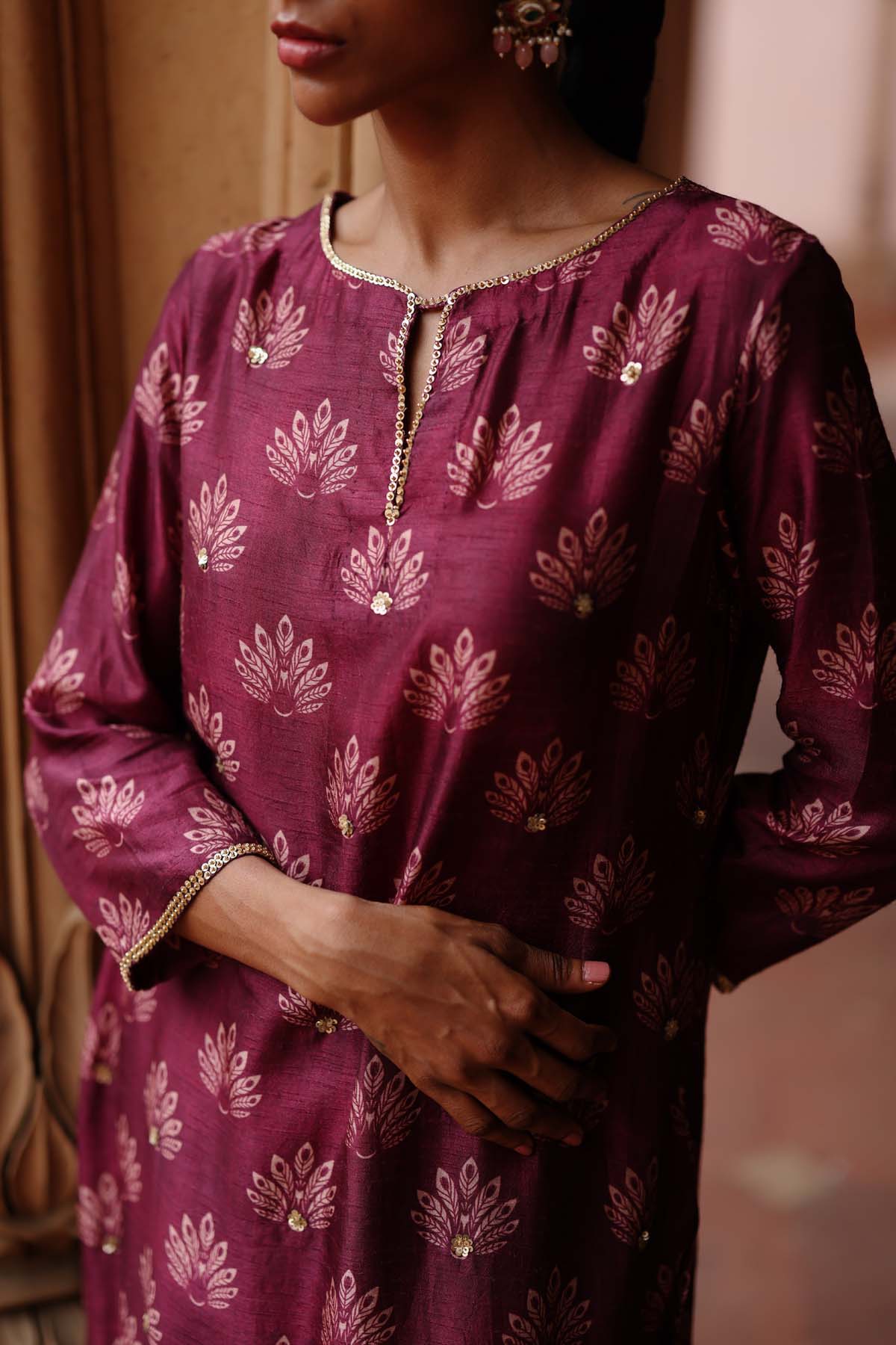 Wine Dupion Silk Print Kurta Set