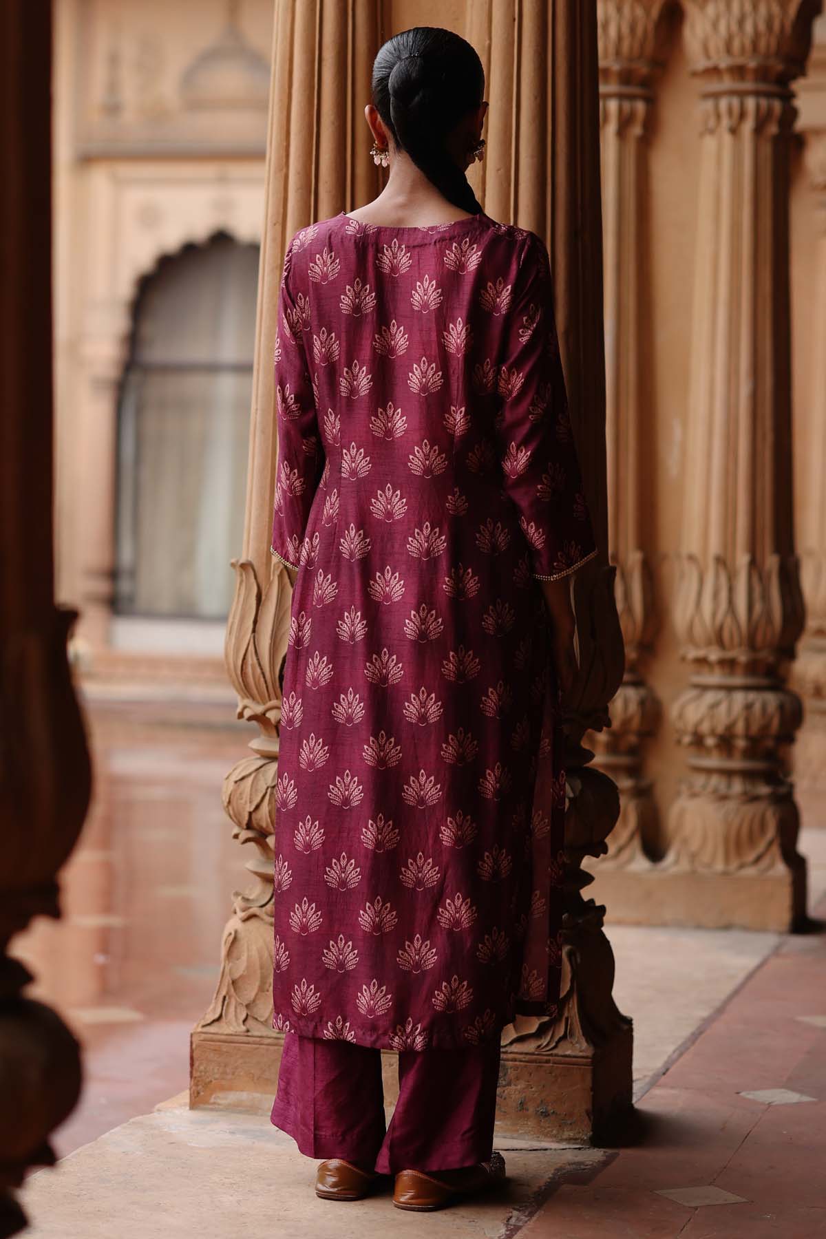 Wine Dupion Silk Print Kurta Set
