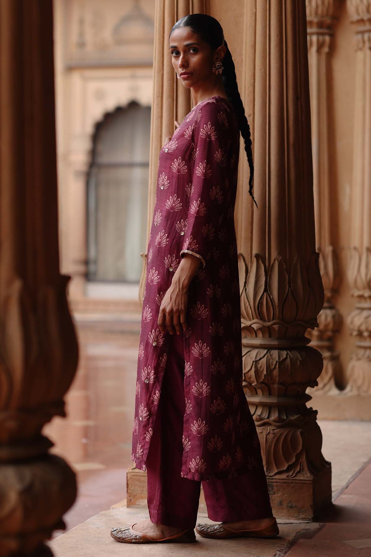 Wine Dupion Silk Print Kurta Set
