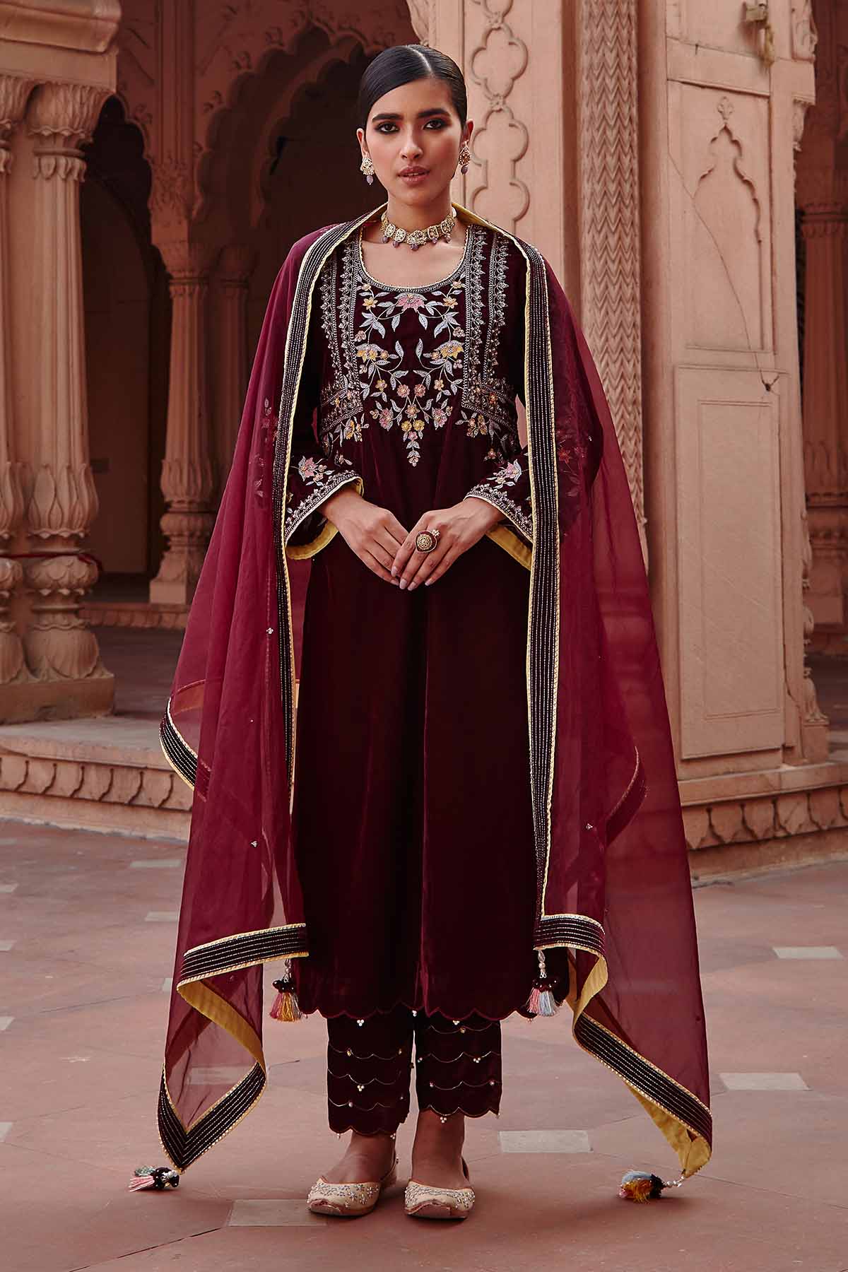Buy Wine Embellished Long Kurta Set Online