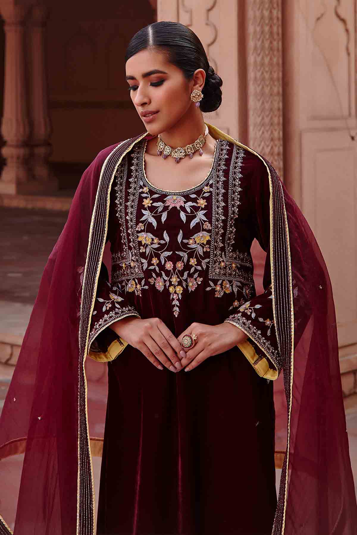 Wine Embellished Long Kurta Set