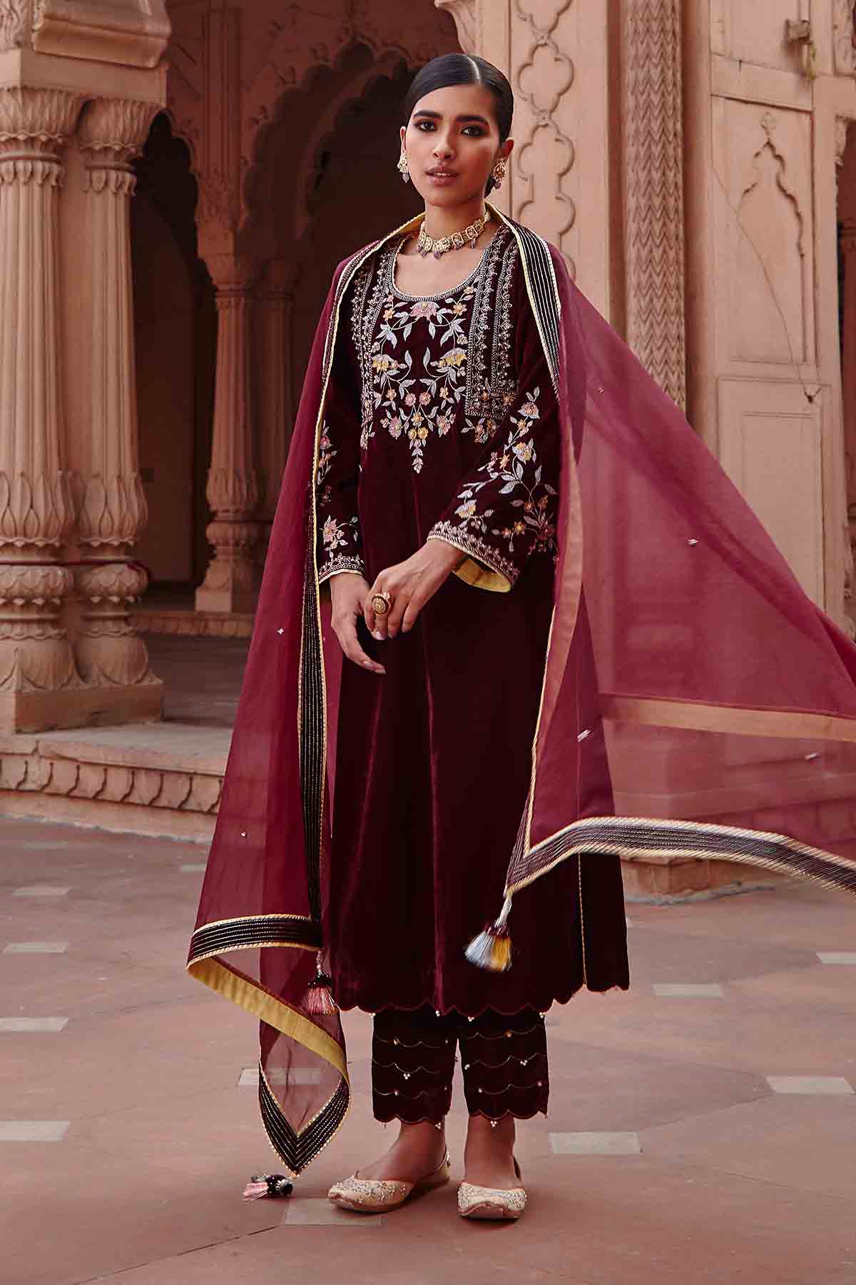Wine Embellished Long Kurta Set