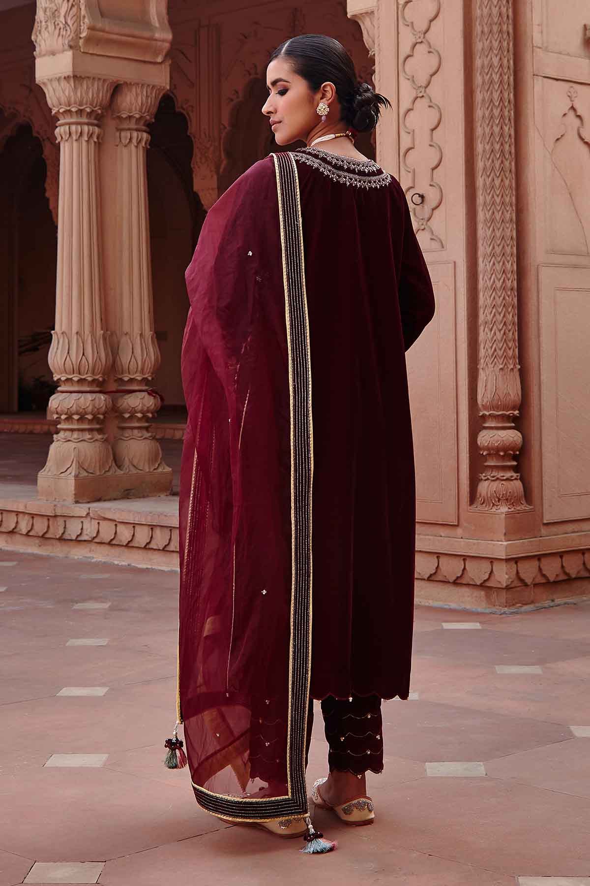 Wine Embellished Long Kurta Set