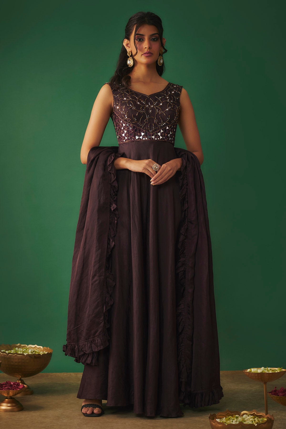 Wine Embroidered Anarkali Set