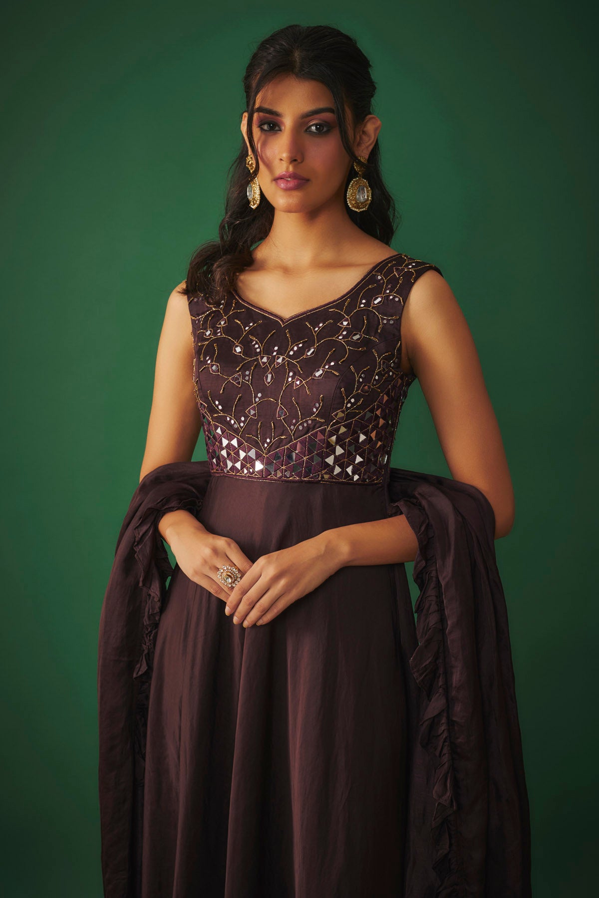 Wine Embroidered Anarkali Set