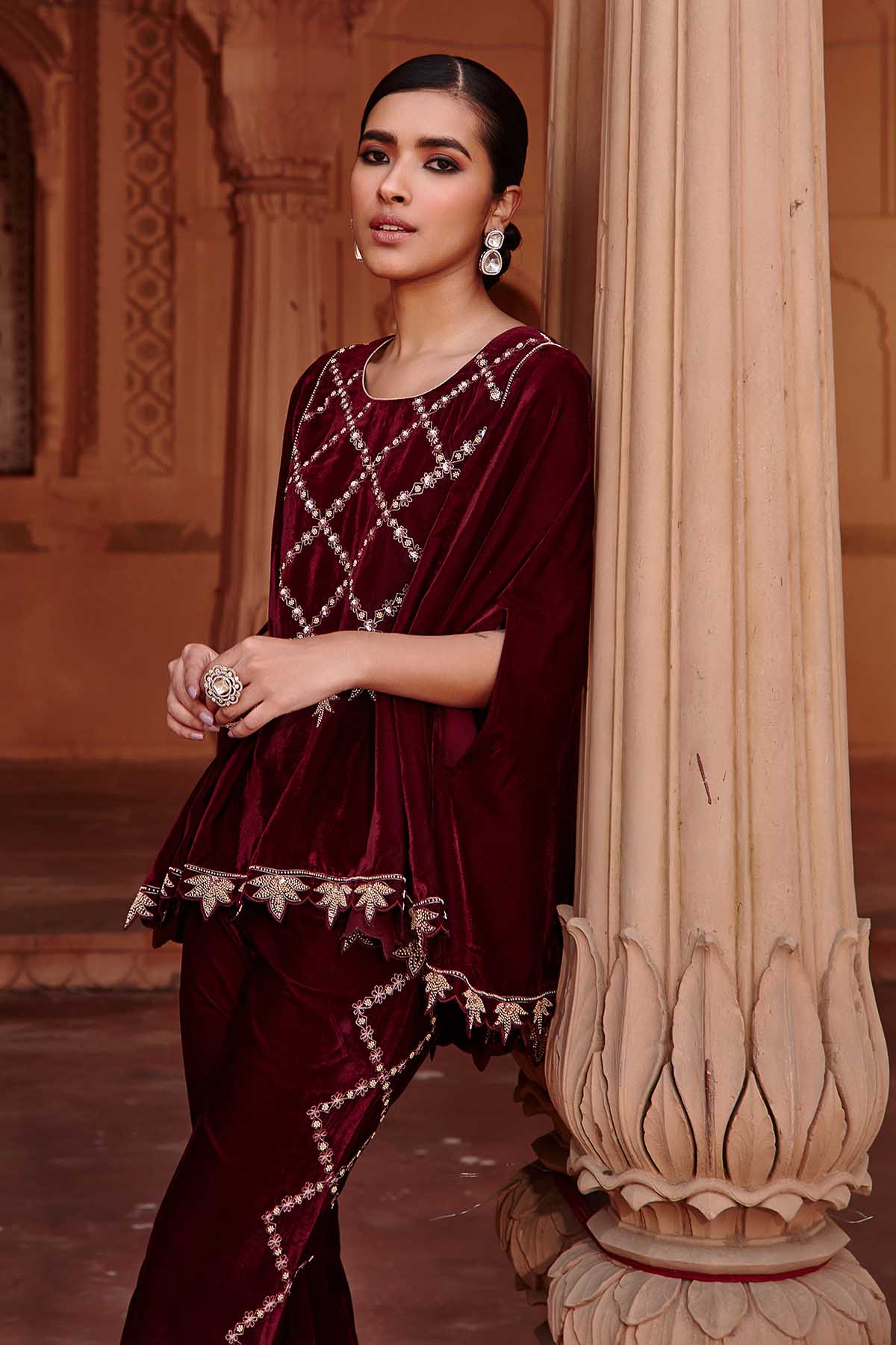 Wine Embroidered Cape & Pants