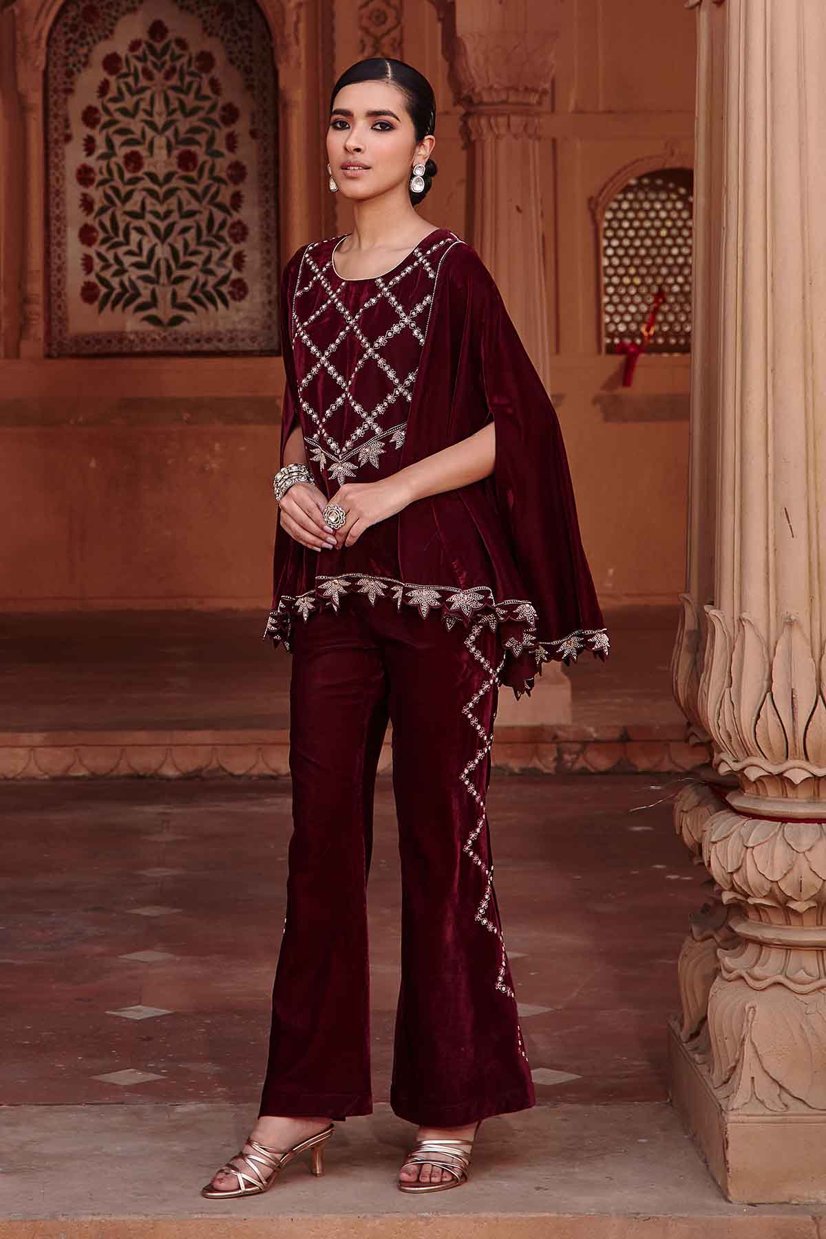 Wine Embroidered Cape & Pants