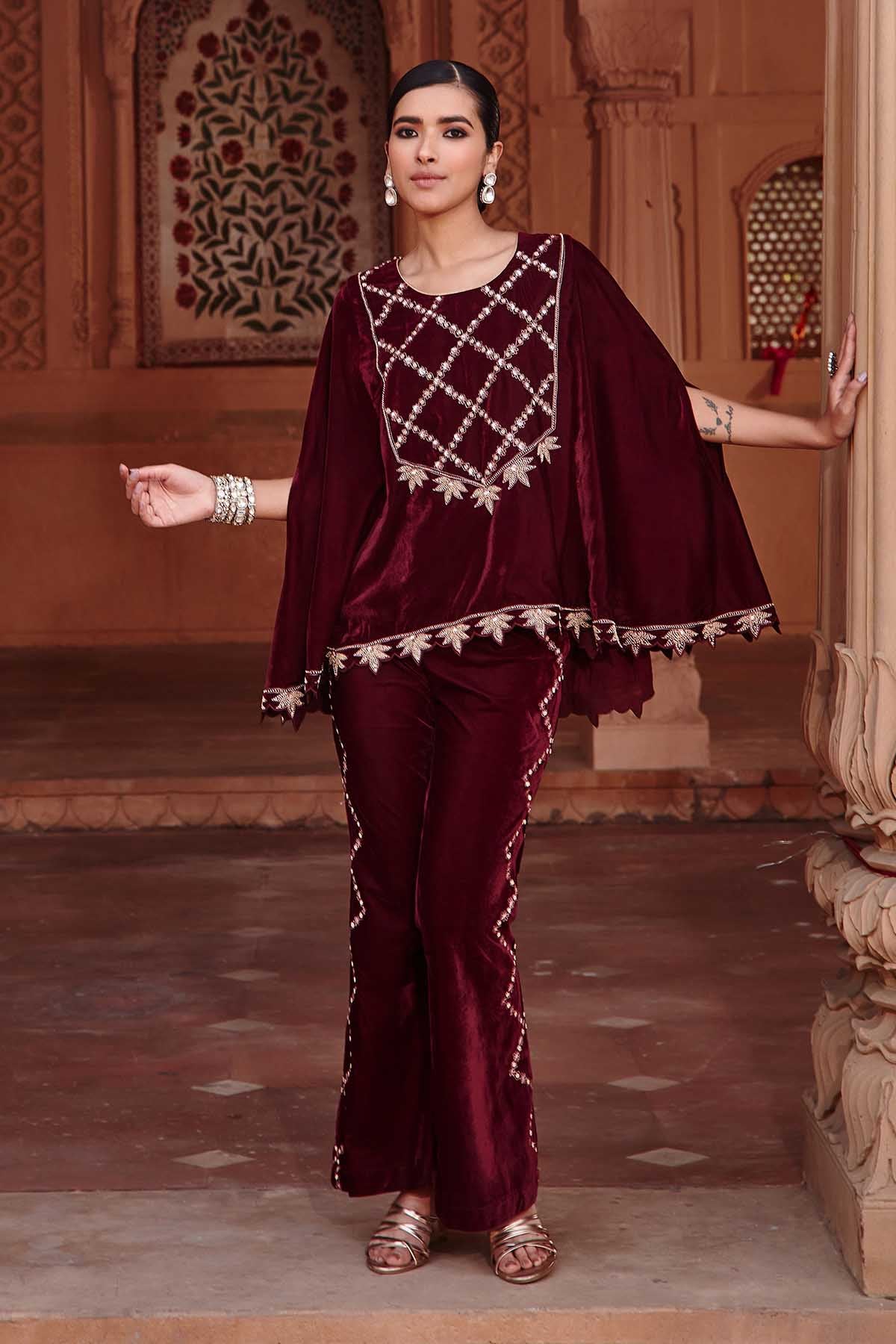 Wine Embroidered Cape & Pants