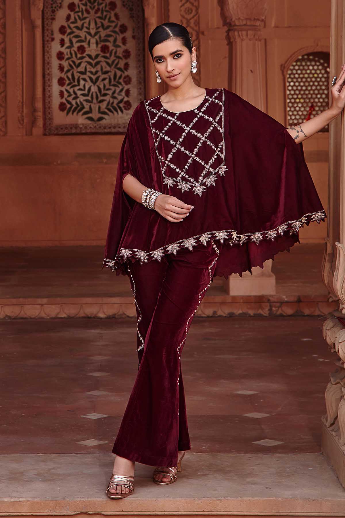 Buy Wine Embroidered Cape & Pants Online
