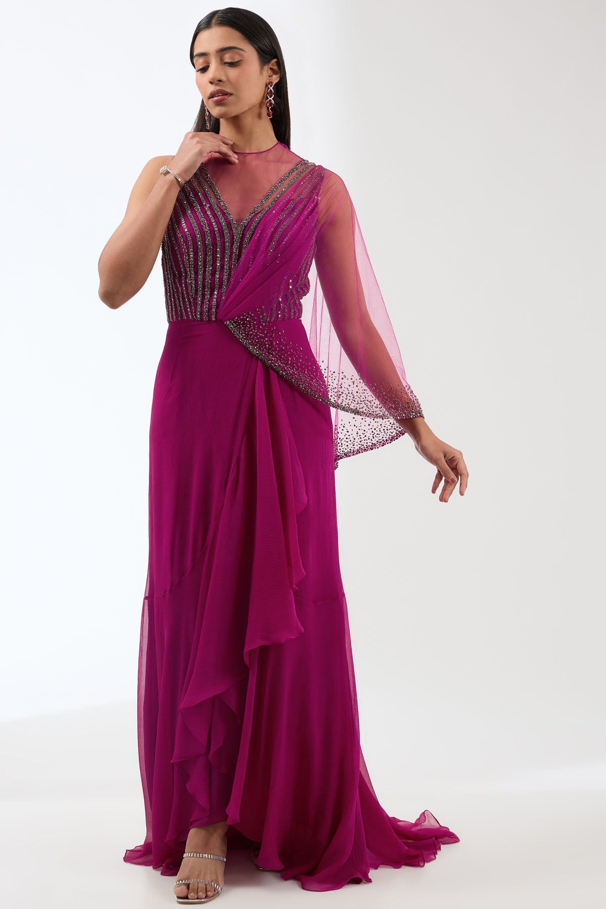 Anjali Kanwar Wine Embroidered Draped Gown for women online at ScrollnShops