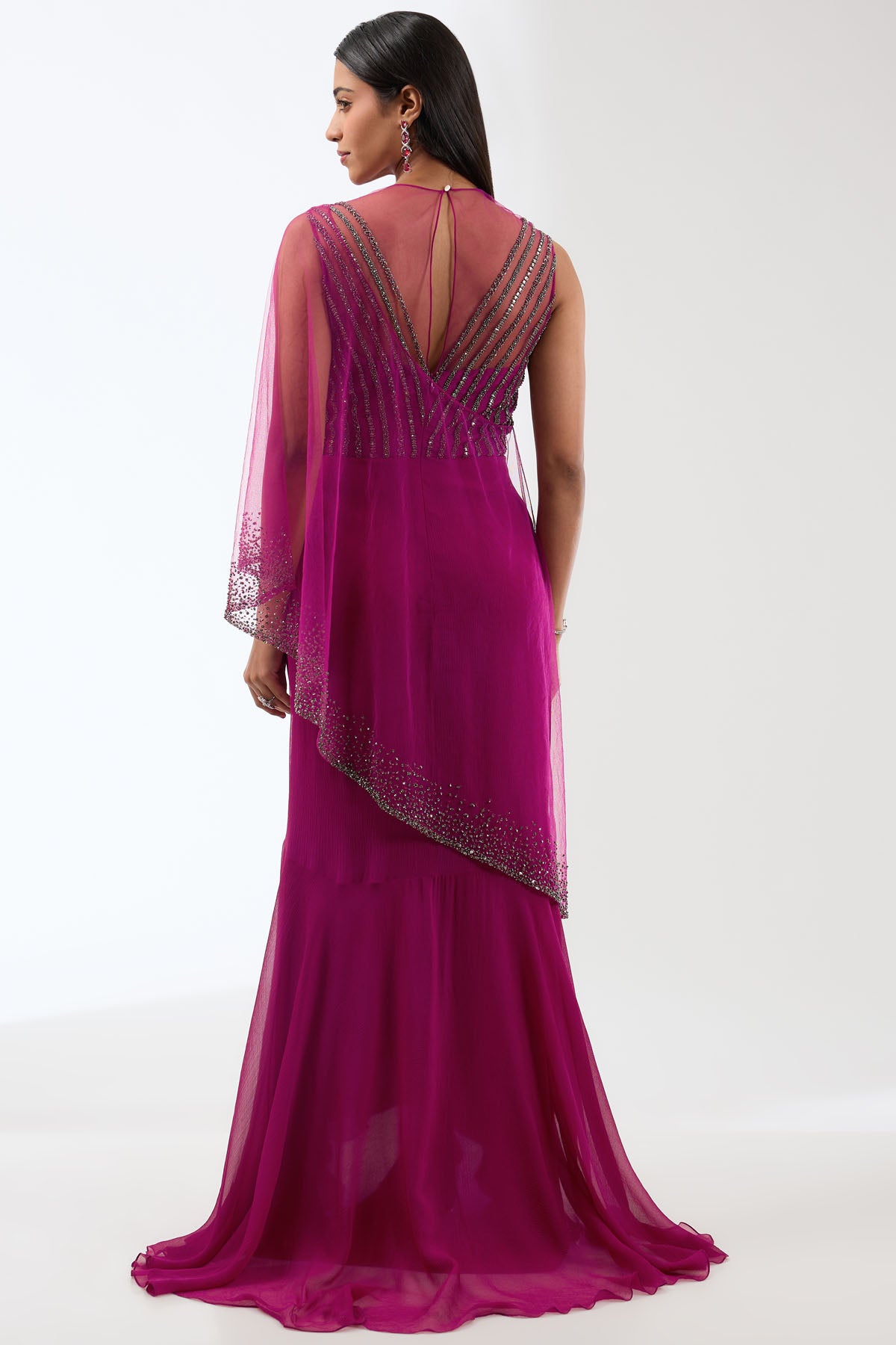 Wine Embroidered Draped Gown