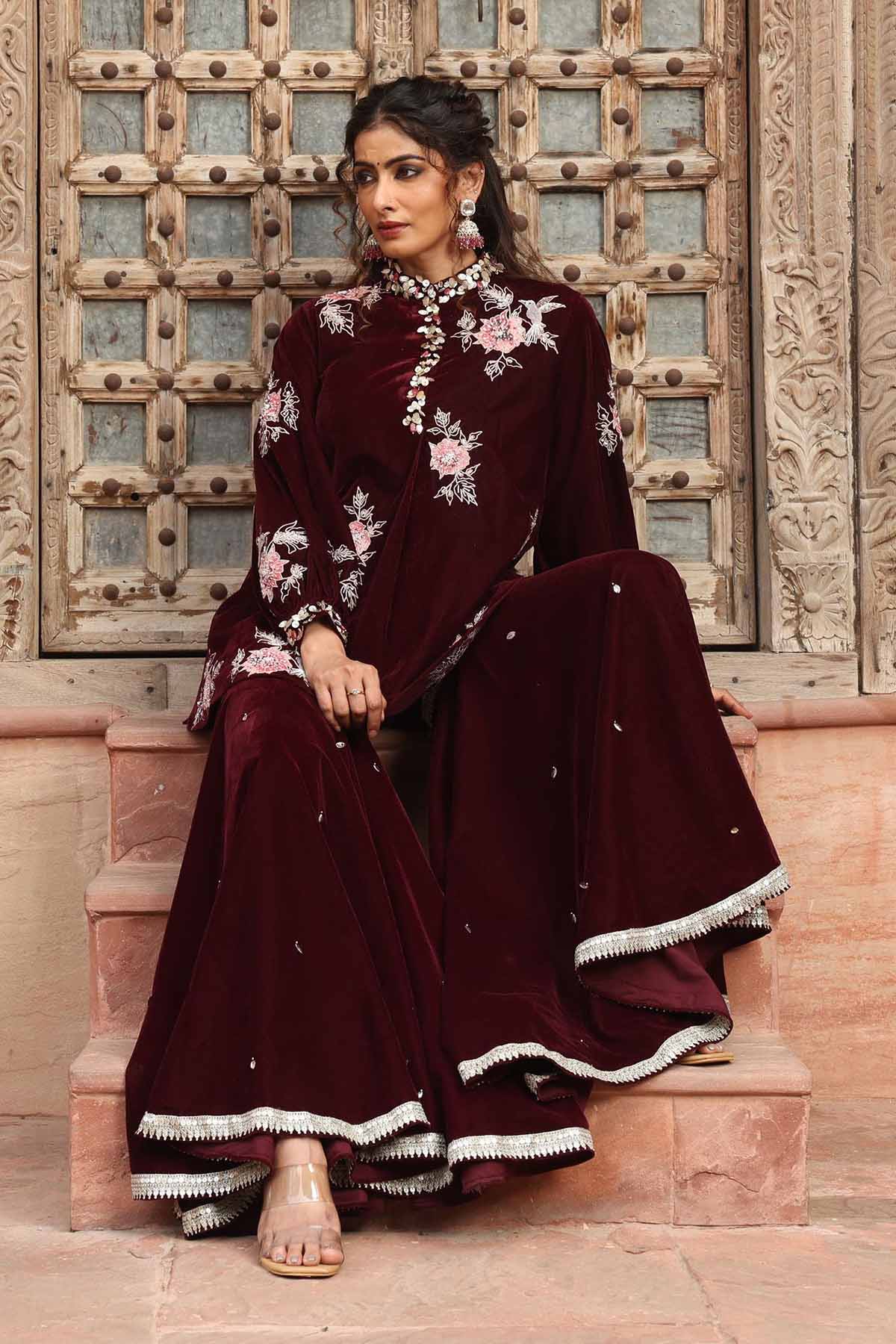Wine Embroidered Gharara Set