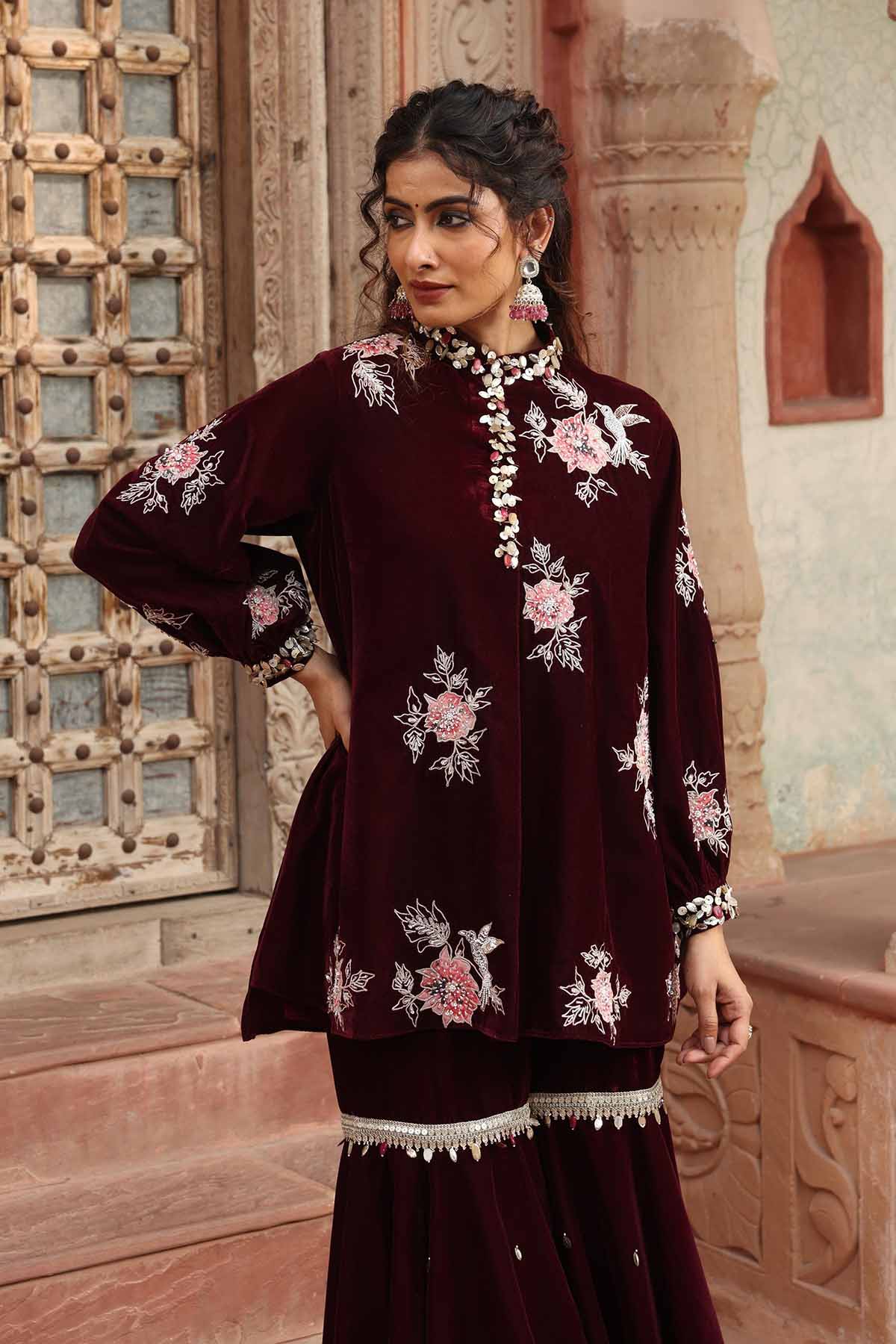 Wine Embroidered Gharara Set
