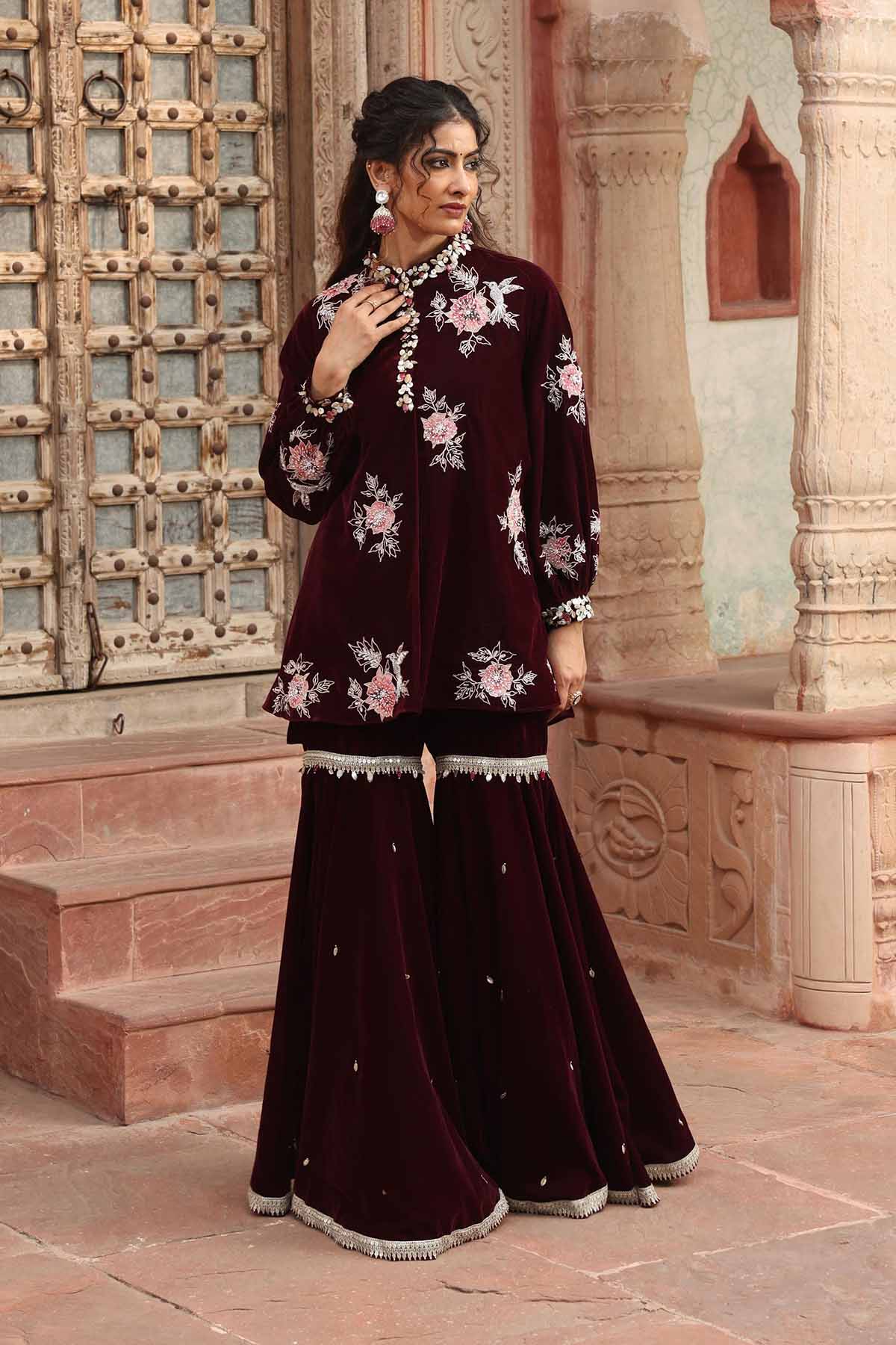 Wine Embroidered Gharara Set