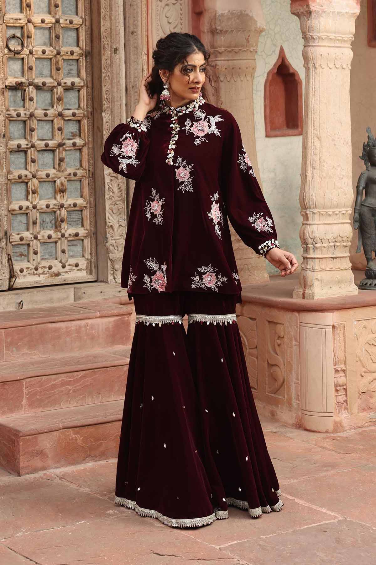 Buy Wine Embroidered Gharara Set Online