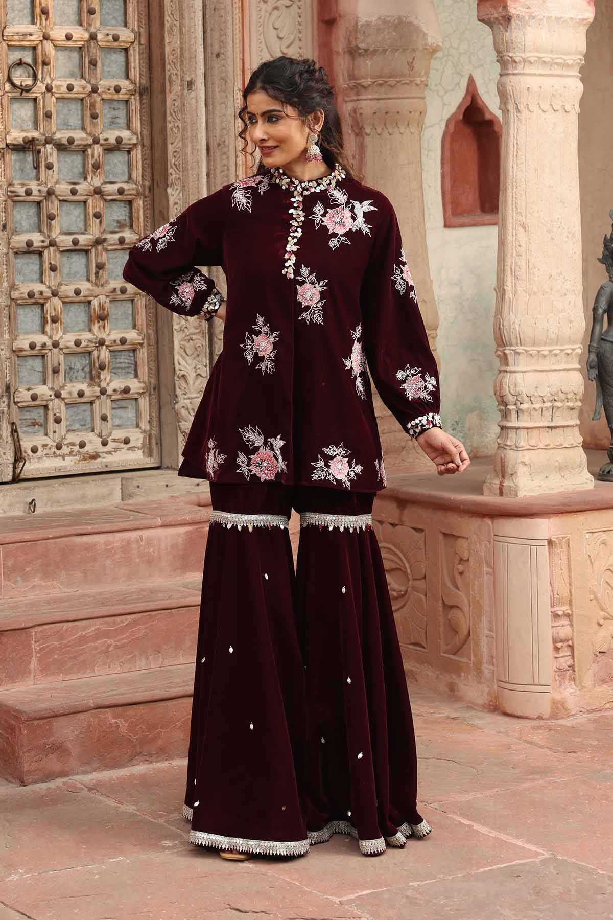 Wine Embroidered Gharara Set