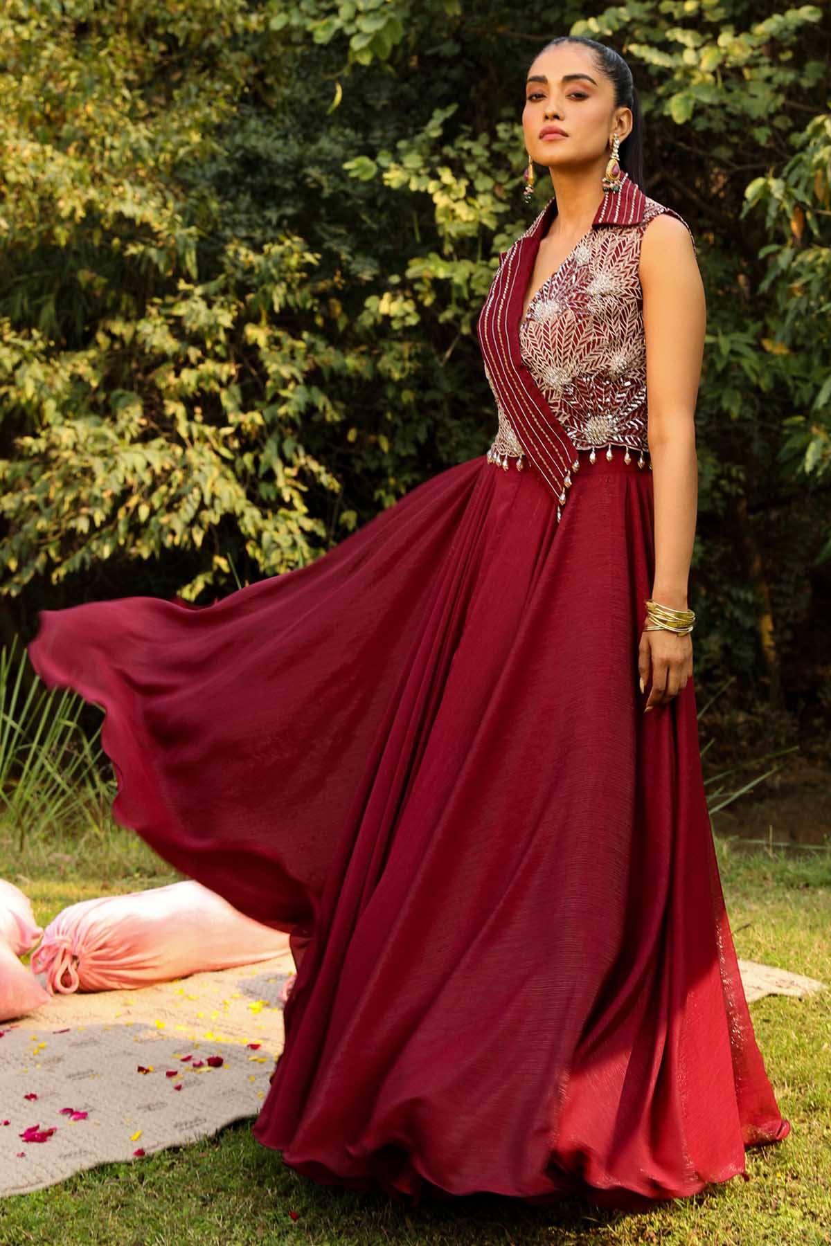 Wine Embroidered Jacket Set