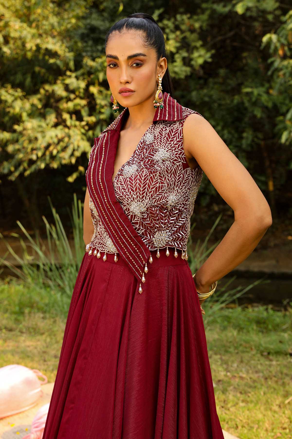 Wine Embroidered Jacket Set