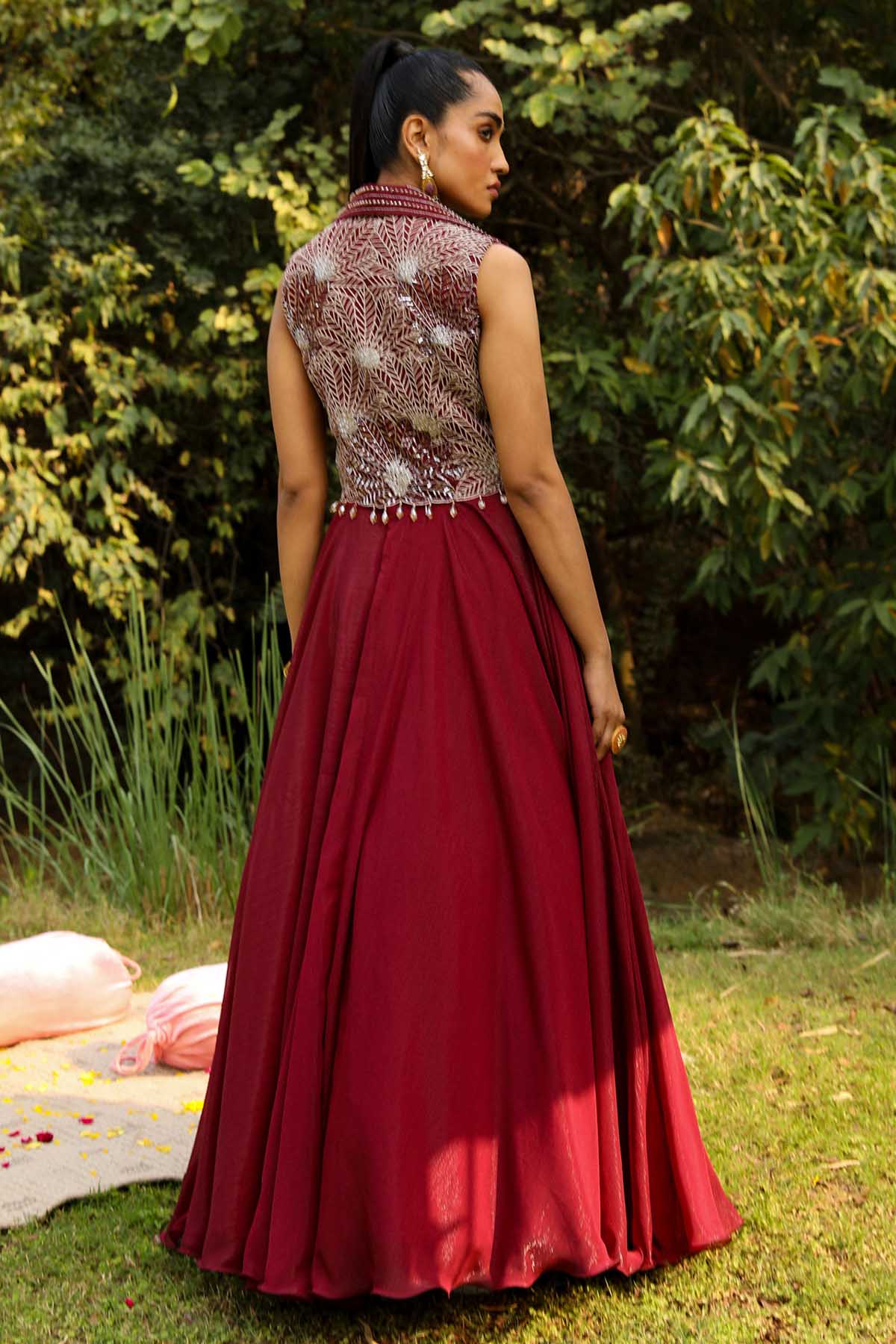 Wine Embroidered Jacket Set