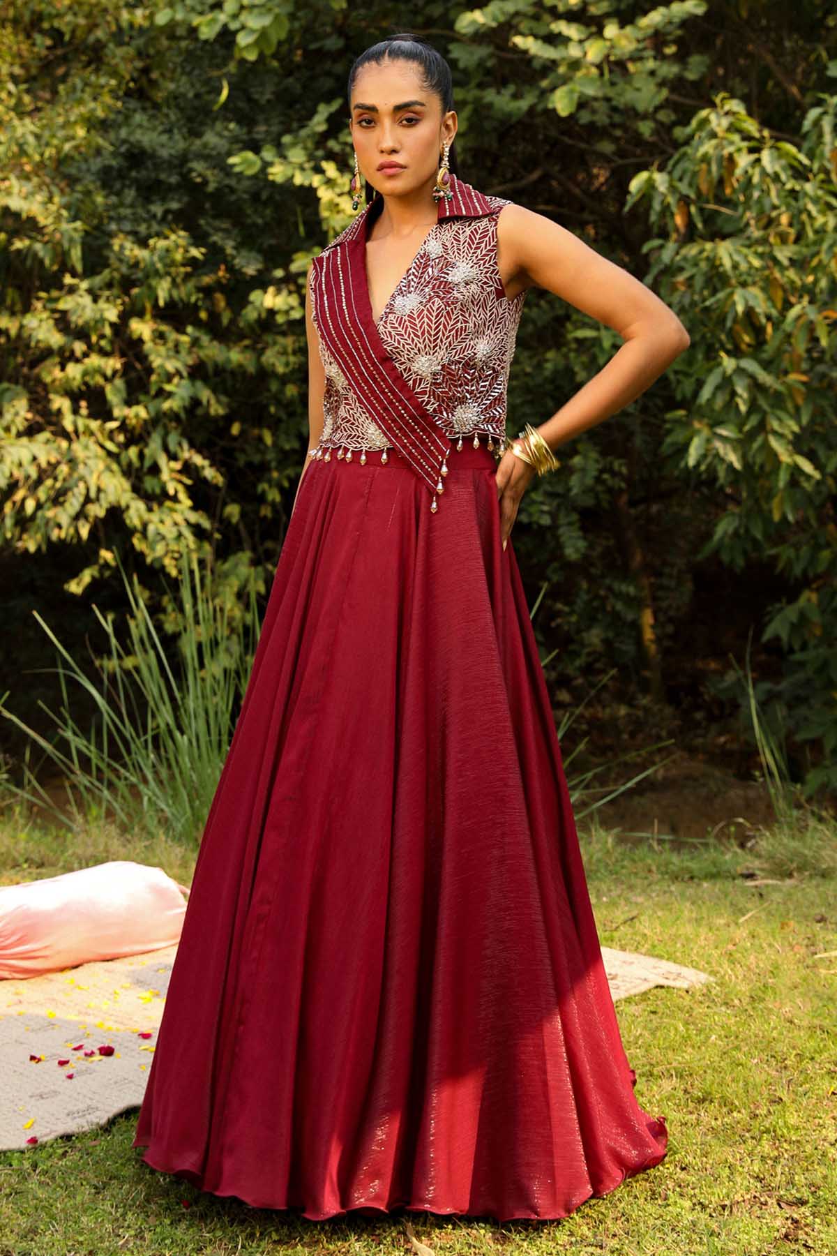 Buy Wine Embroidered Jacket Set Online