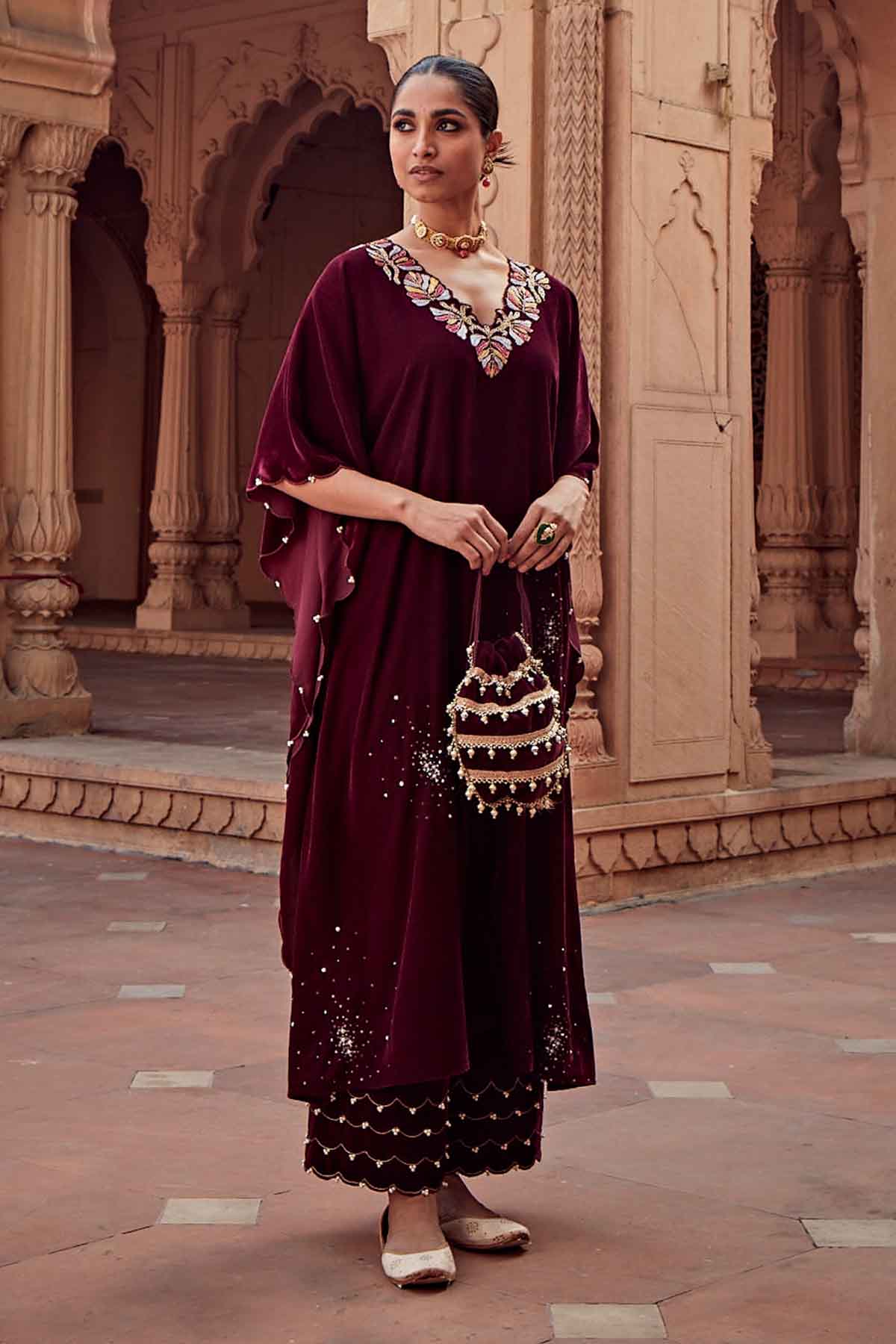 Buy Wine Embroidered Kaftan & Pants by Ajiesh Oberoi for women online at ScrollnShops