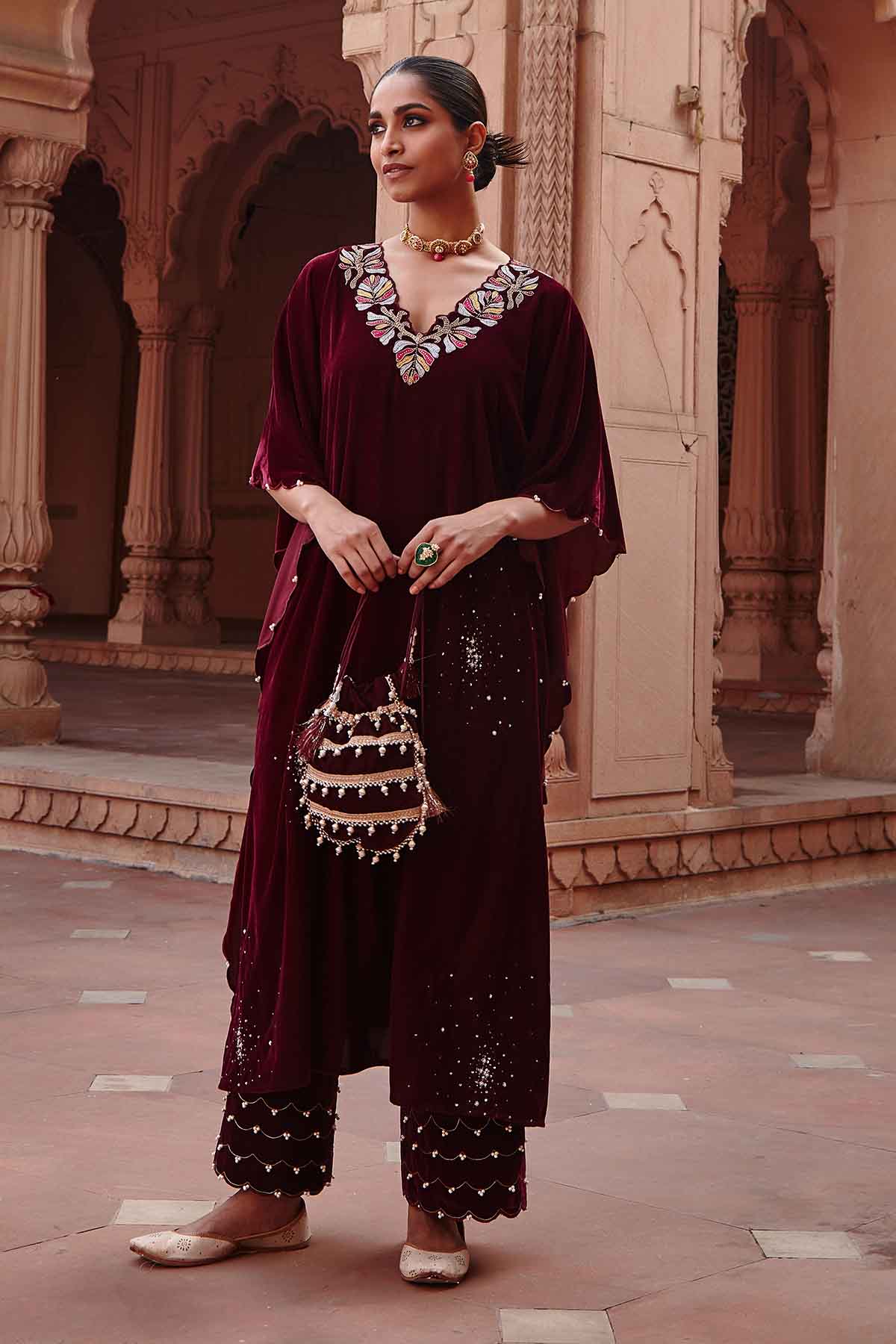 Buy Wine Embroidered Kaftan & Pants Online