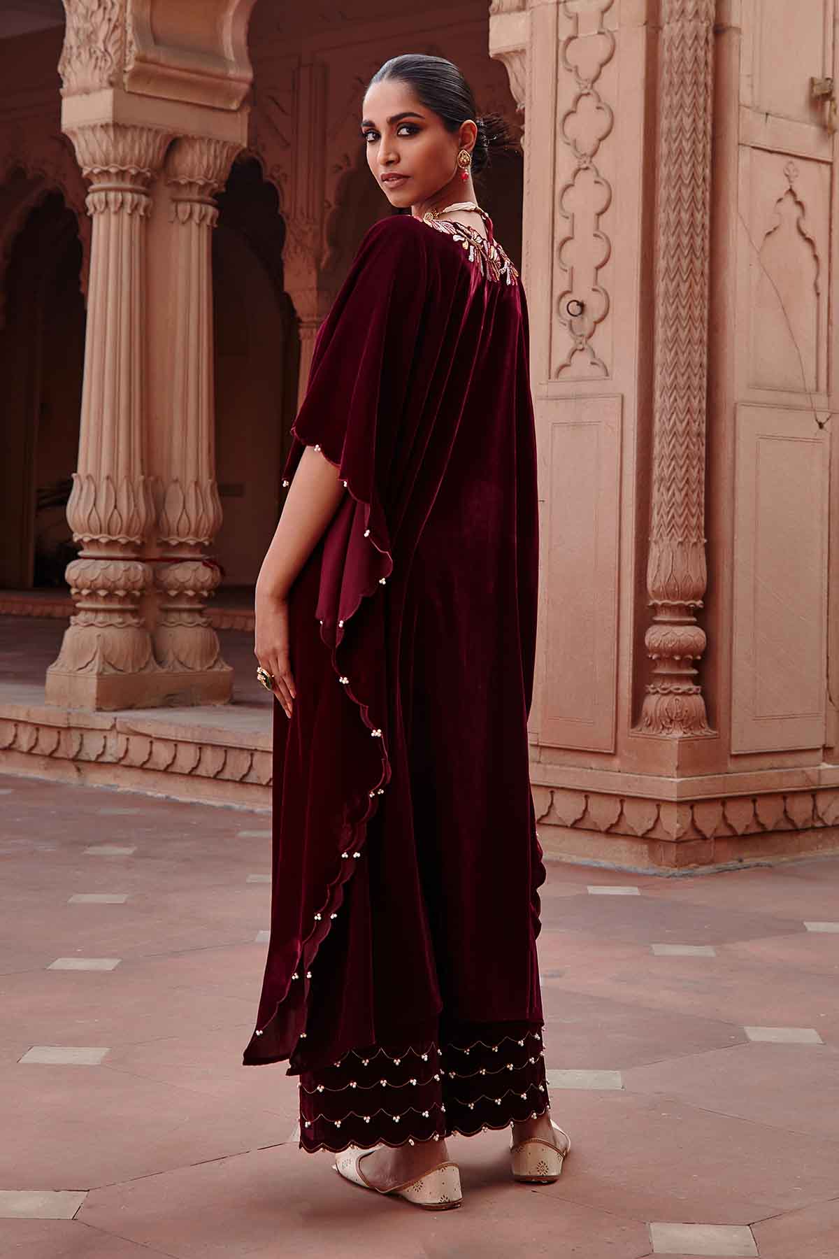 Wine Embroidered Kaftan & Pants