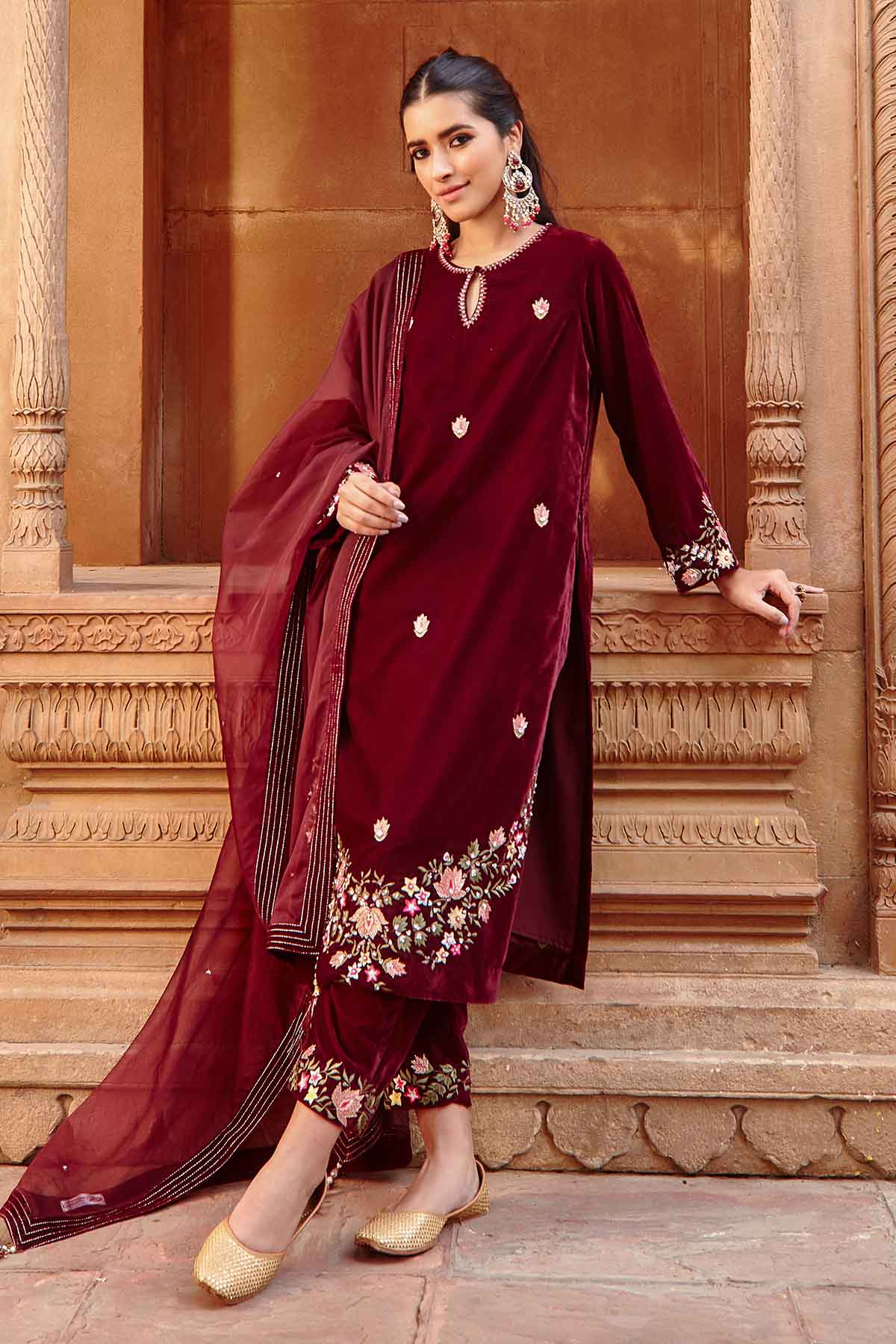 Wine Embroidered Long Kurta Set