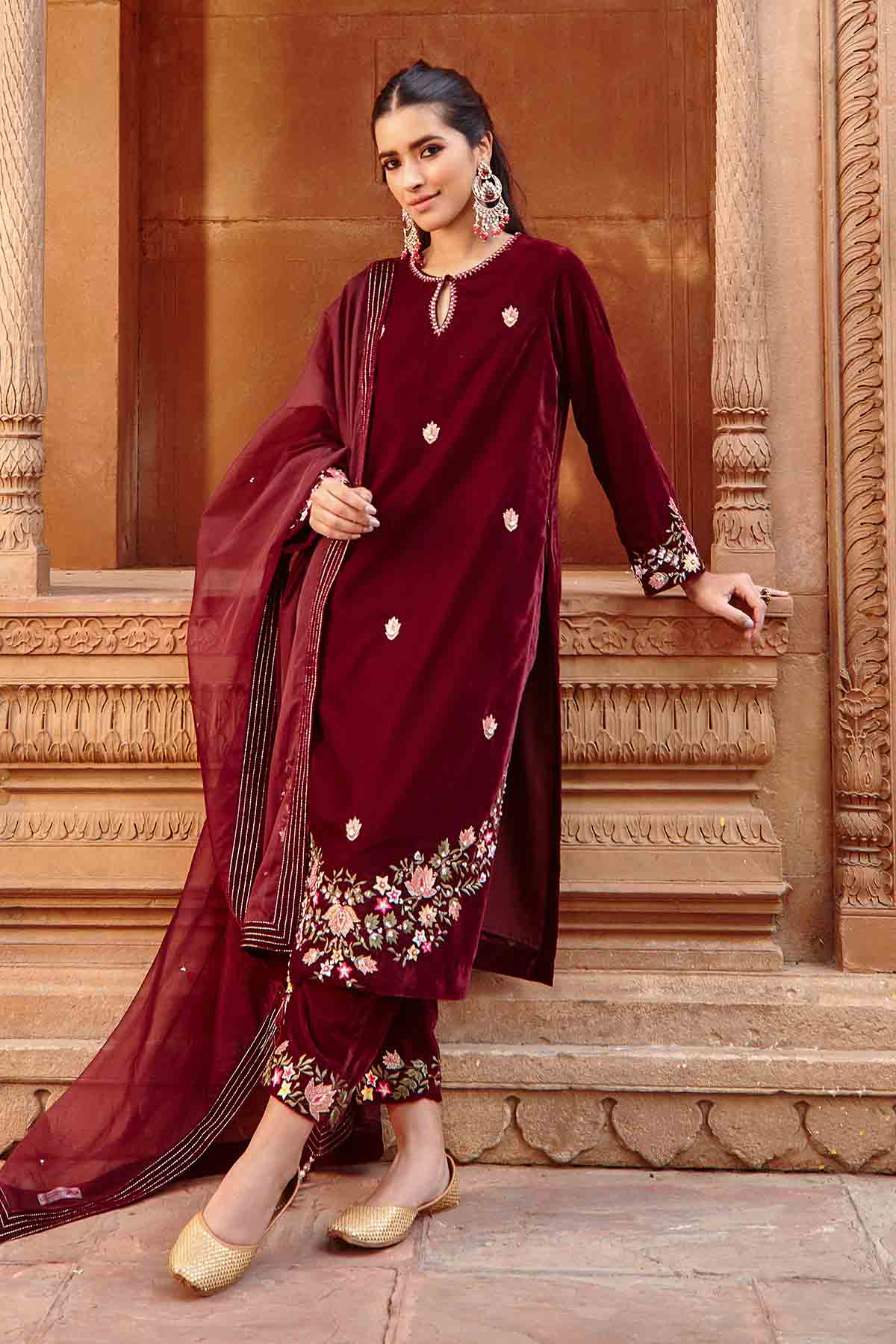 Buy Wine Embroidered Long Kurta Set Online