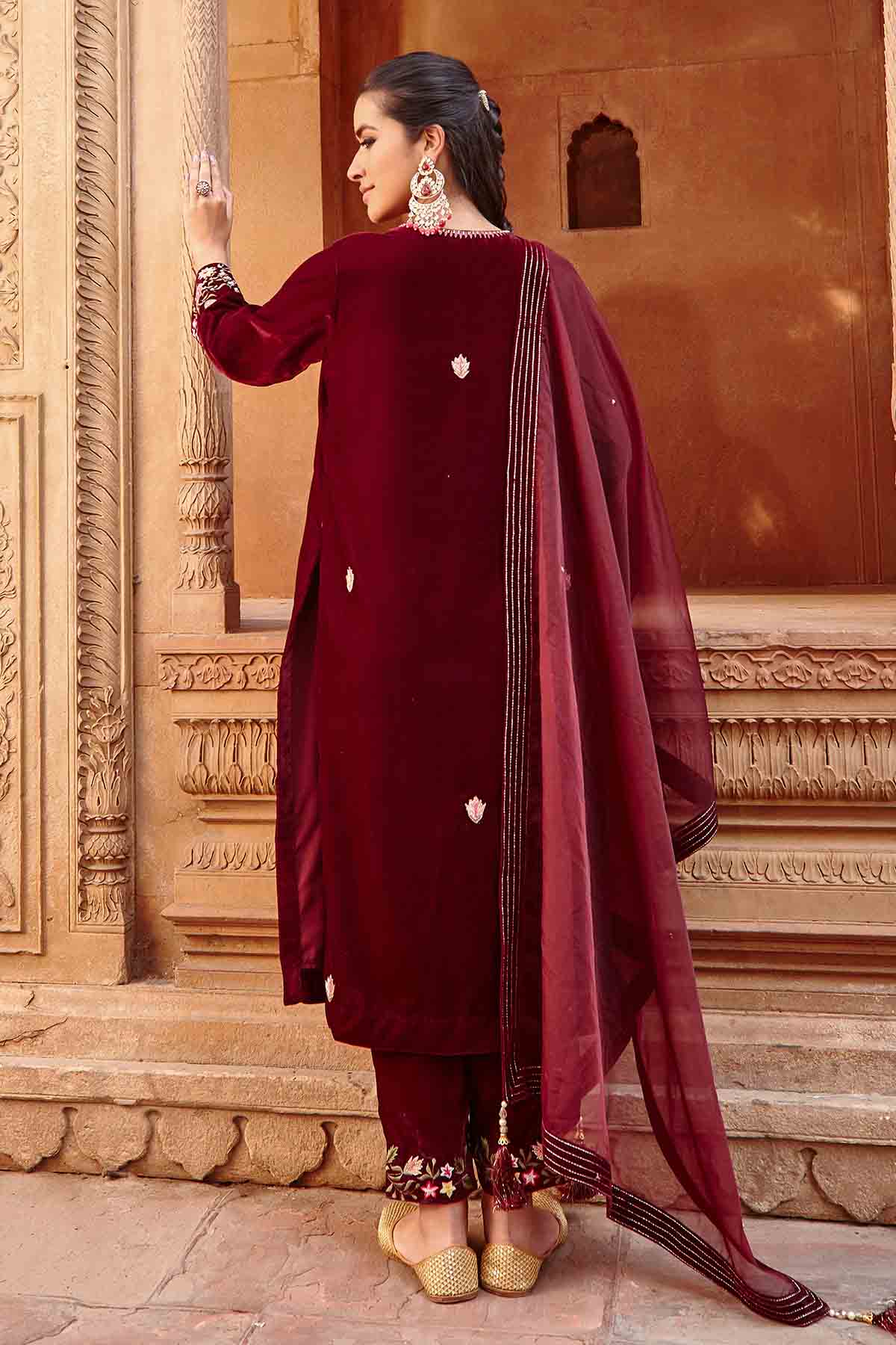 Wine Embroidered Long Kurta Set