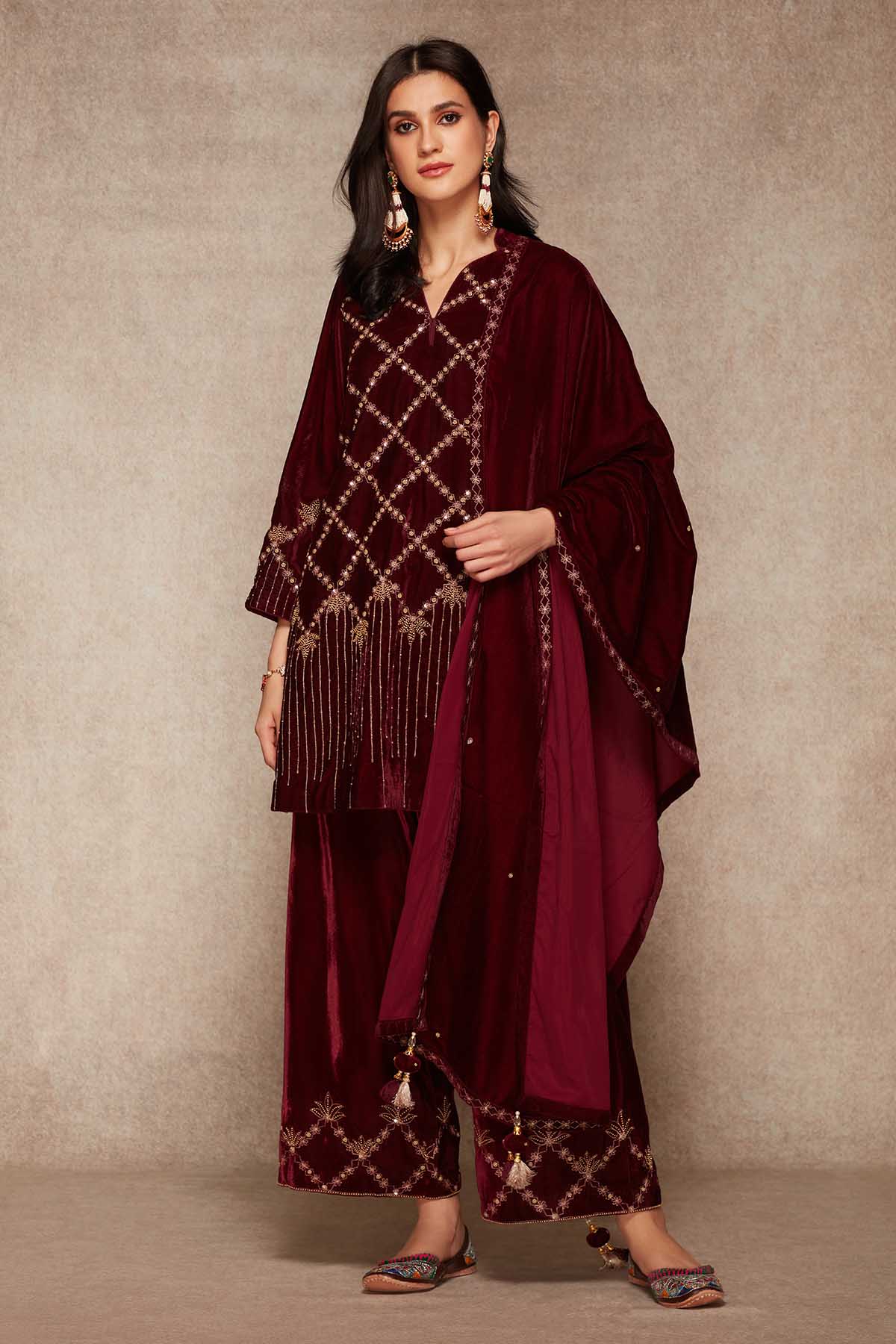 Buy Wine Embroidered Palazzo Set Online
