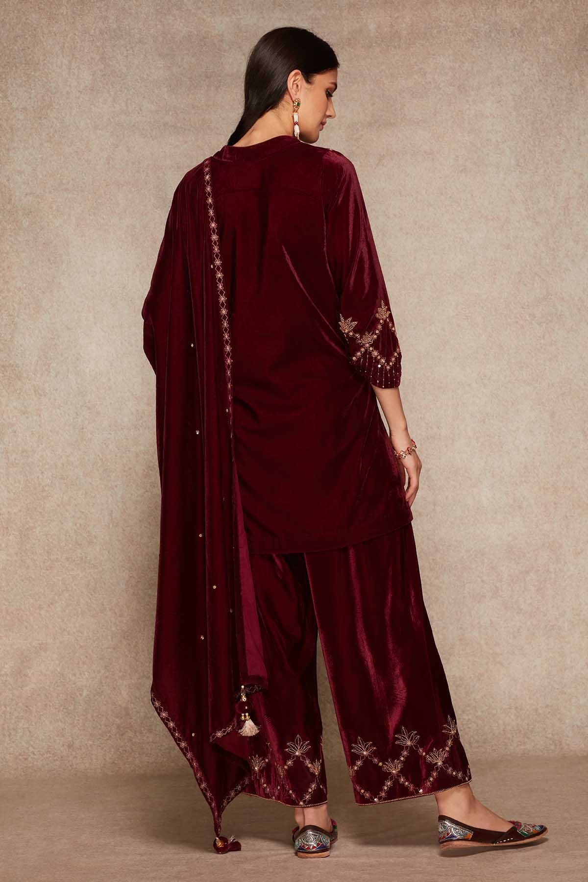 Wine Embroidered Palazzo Set
