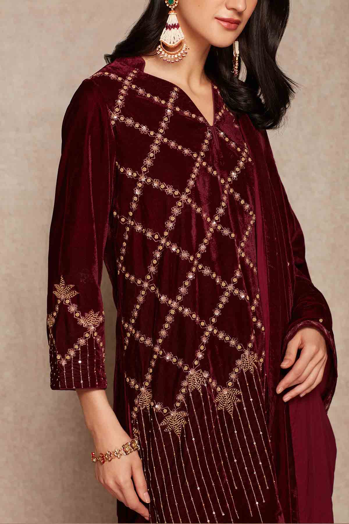 Wine Embroidered Palazzo Set