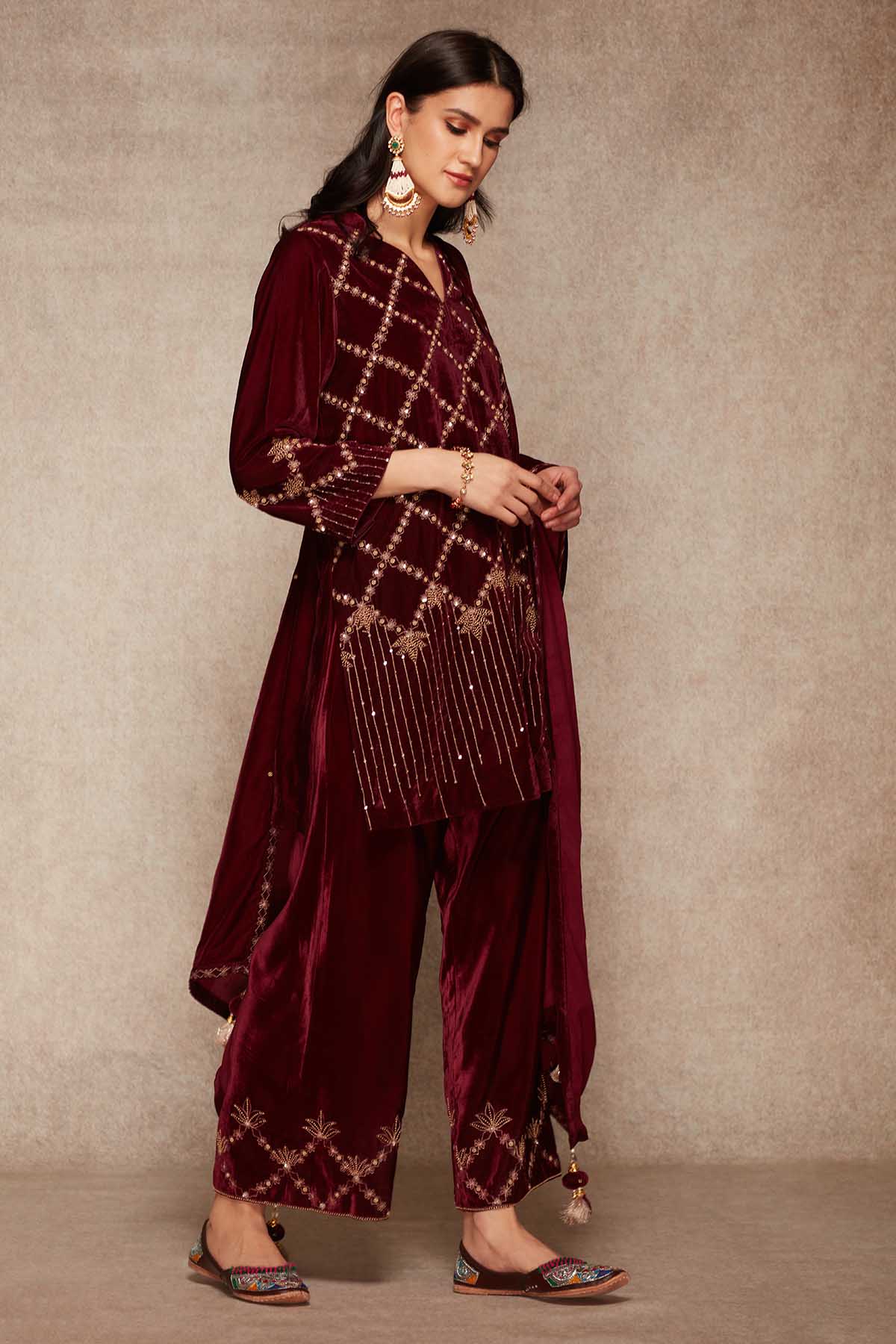 Wine Embroidered Palazzo Set