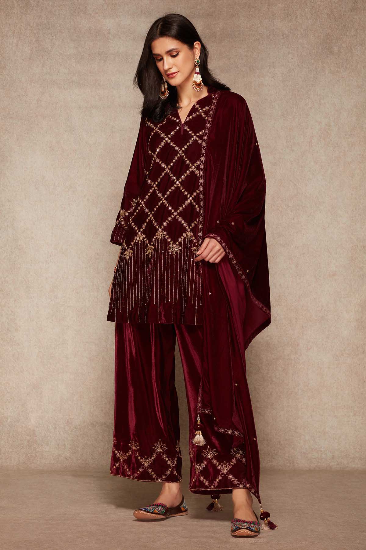 Wine Embroidered Palazzo Set