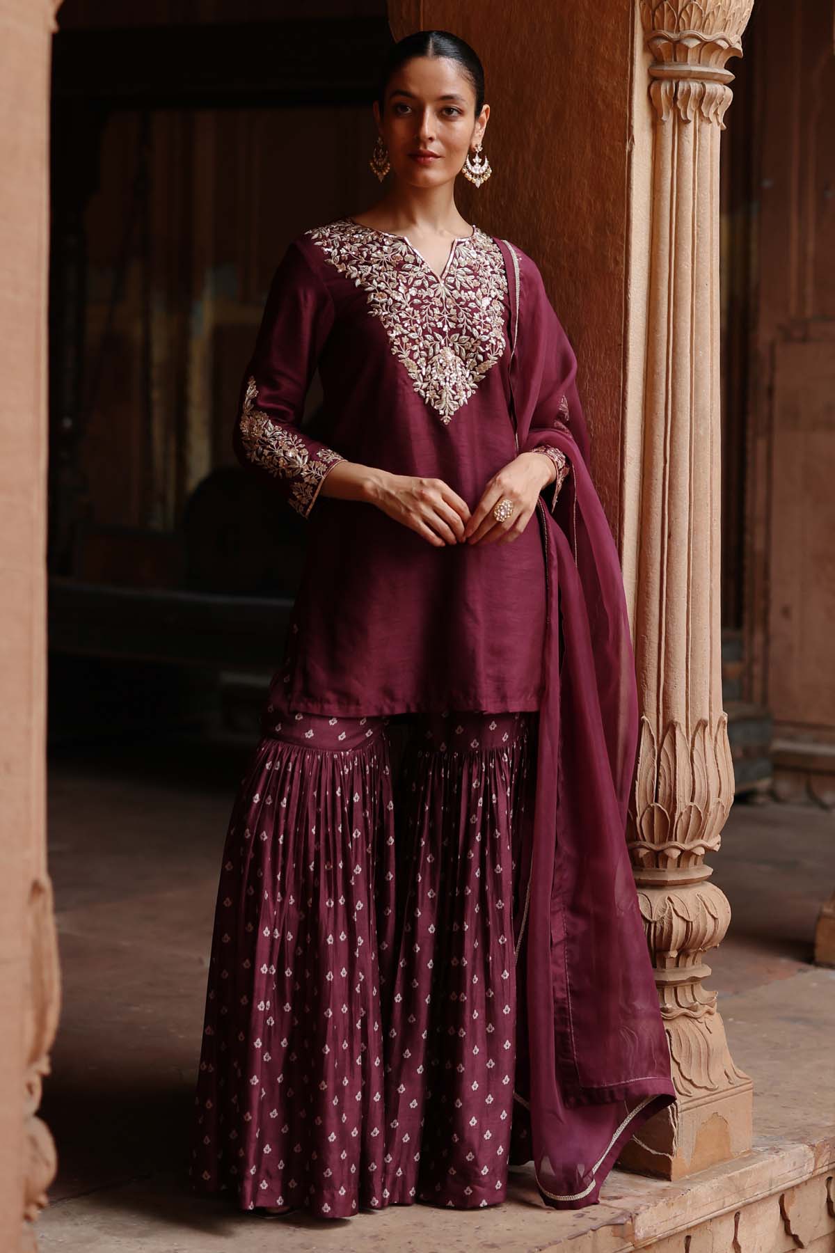 Megha Pitti Embroidered Wine Sharara Set for women online at ScrollnShops