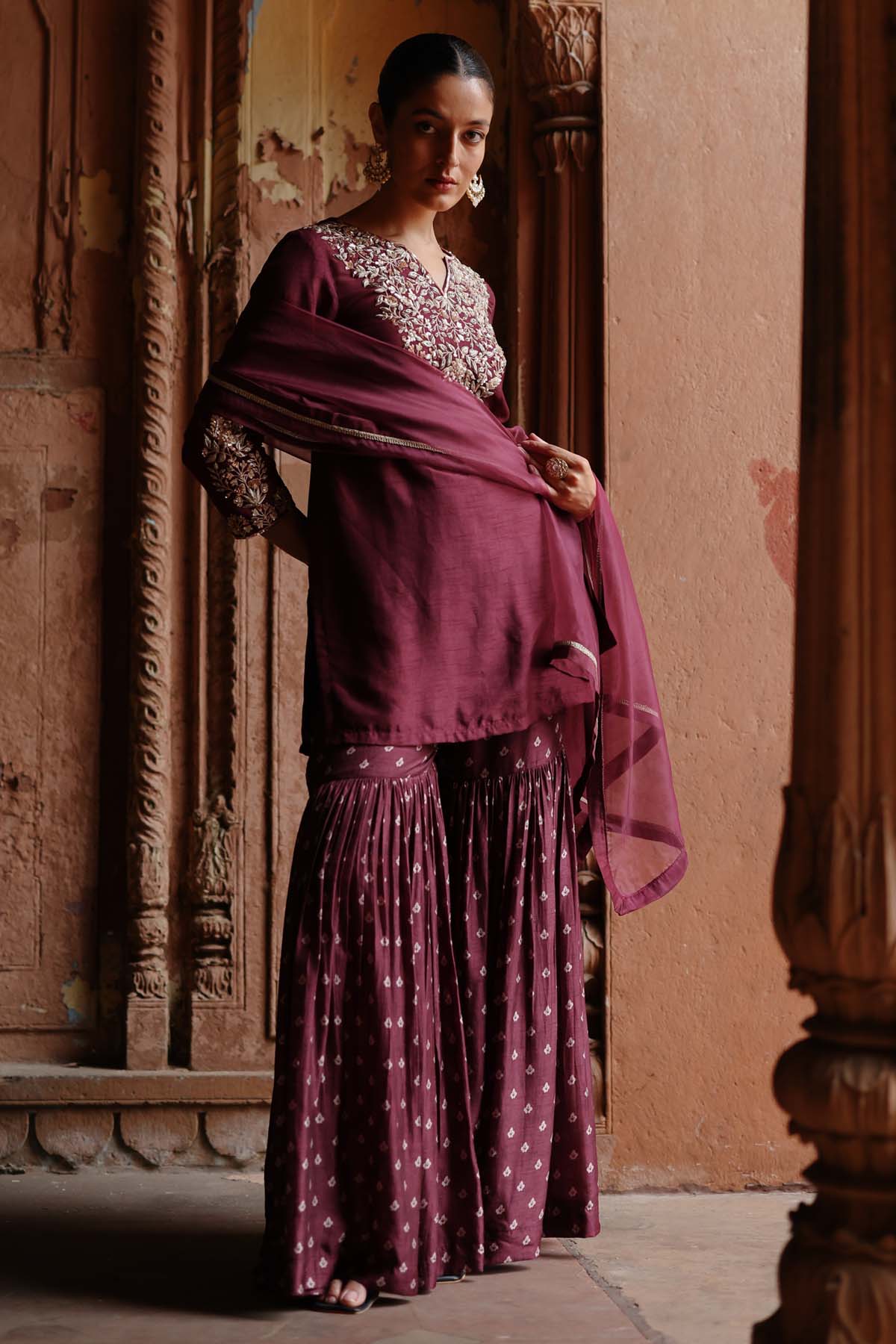 Embroidered Wine Sharara Set