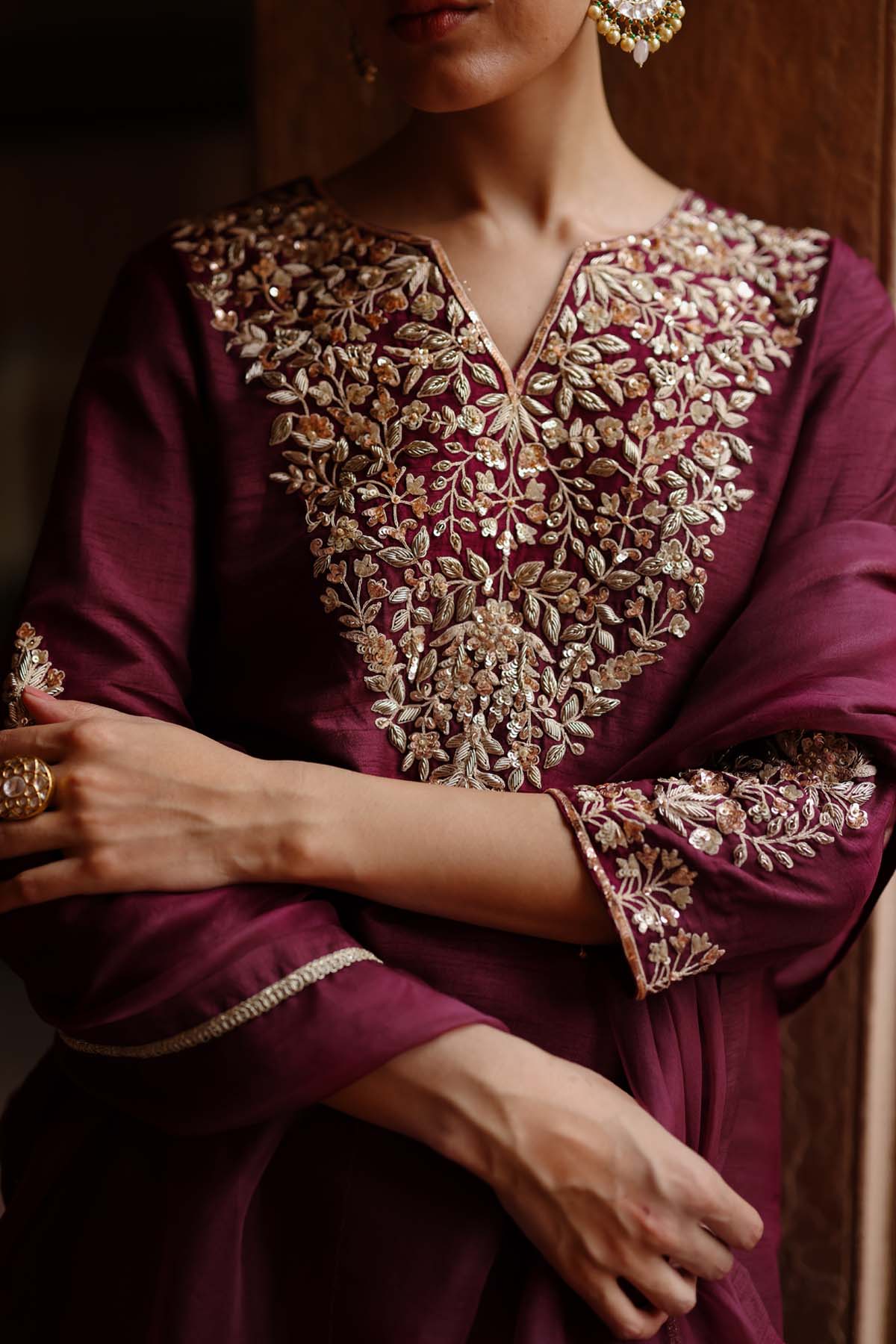 Embroidered Wine Sharara Set