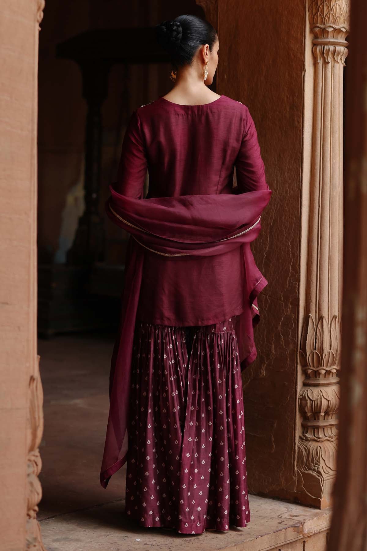 Embroidered Wine Sharara Set