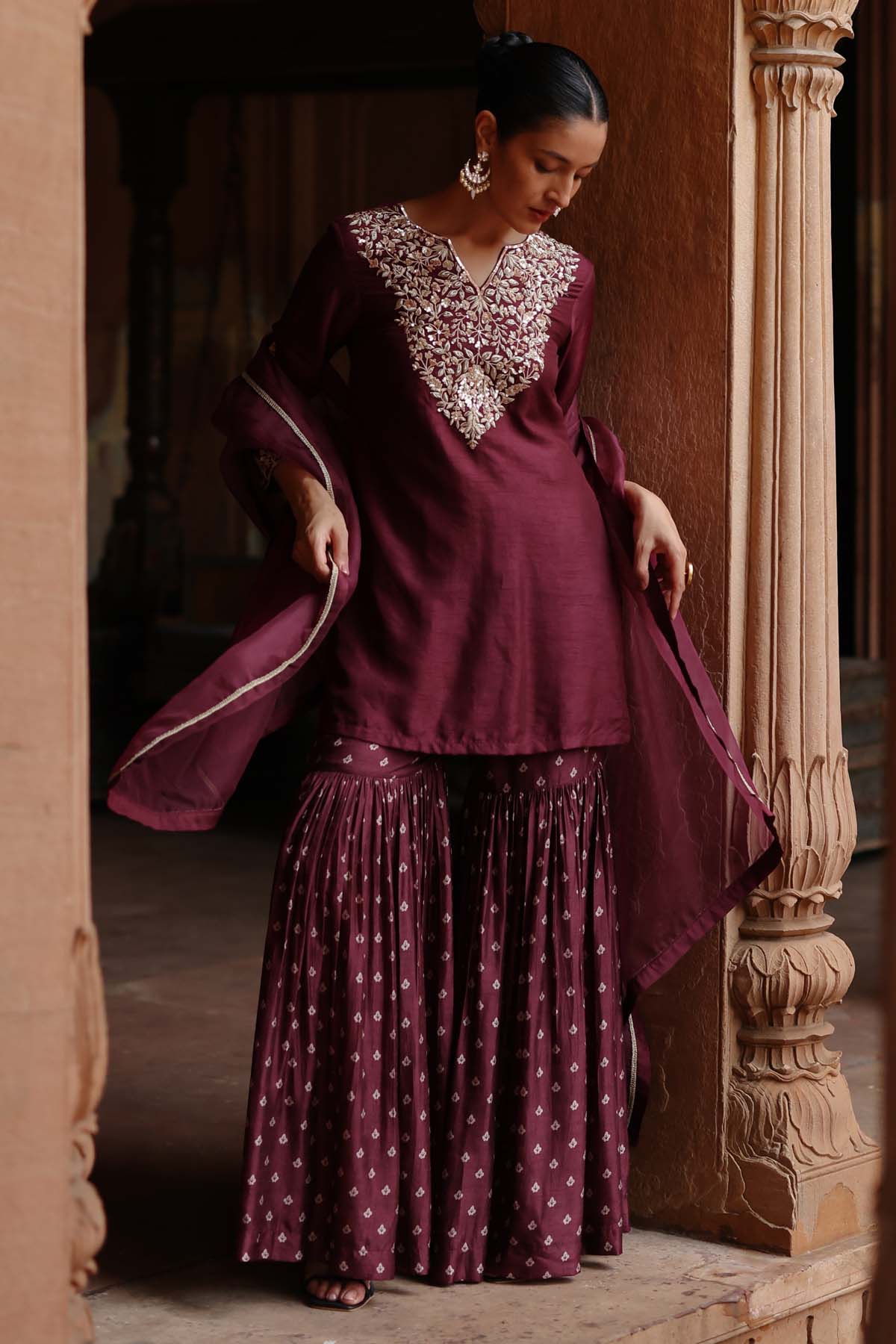 Embroidered Wine Sharara Set