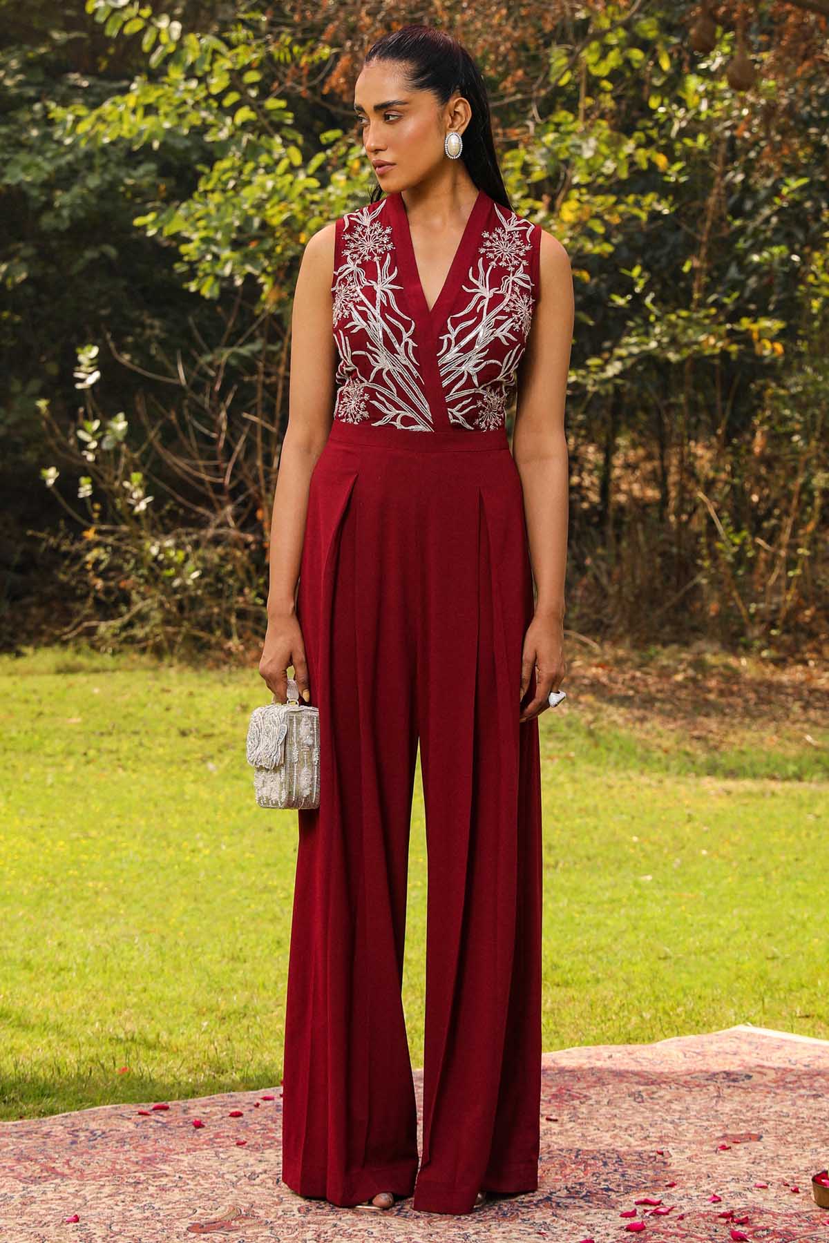 Ajiesh Oberoi Wine Embroidered Yoke Jumpsuit for women online at ScrollnShops