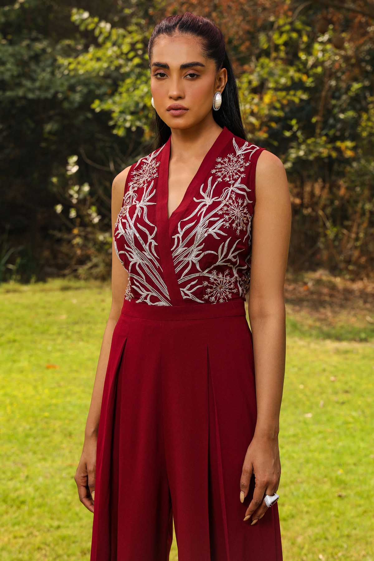 Wine Embroidered Yoke Jumpsuit