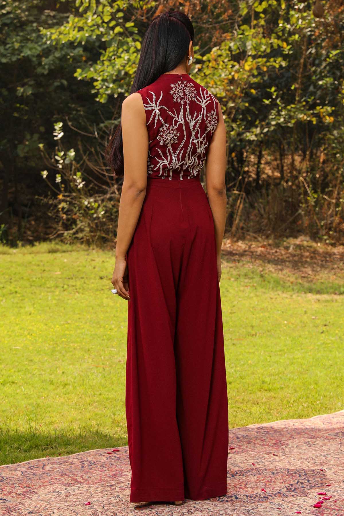 Wine Embroidered Yoke Jumpsuit