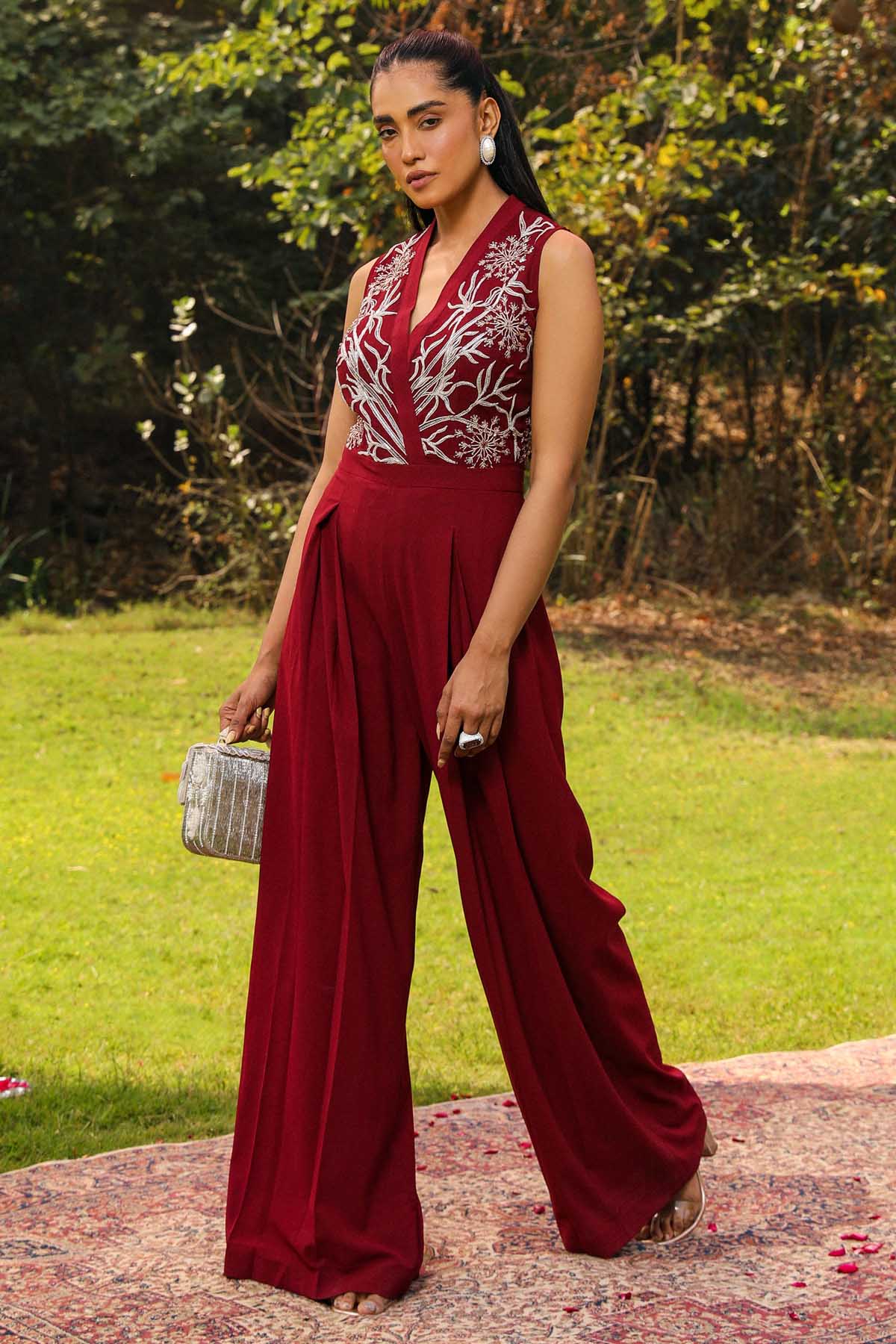 Wine Embroidered Yoke Jumpsuit